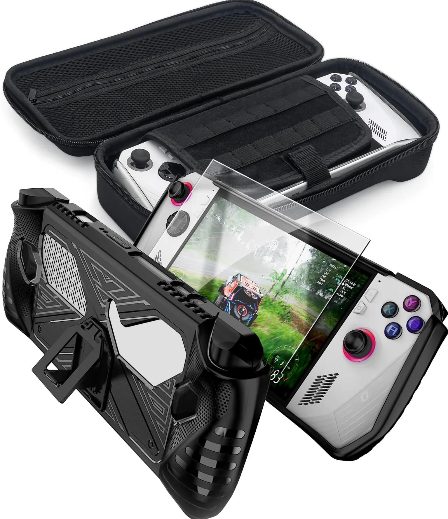 ENCASED Set di Accessori per Asus ROG Ally – Cover Portatile con Cavalletto, Custodia Rigida per il Trasporto e Pellicola Vetro Temperato Protettiva (Nero)