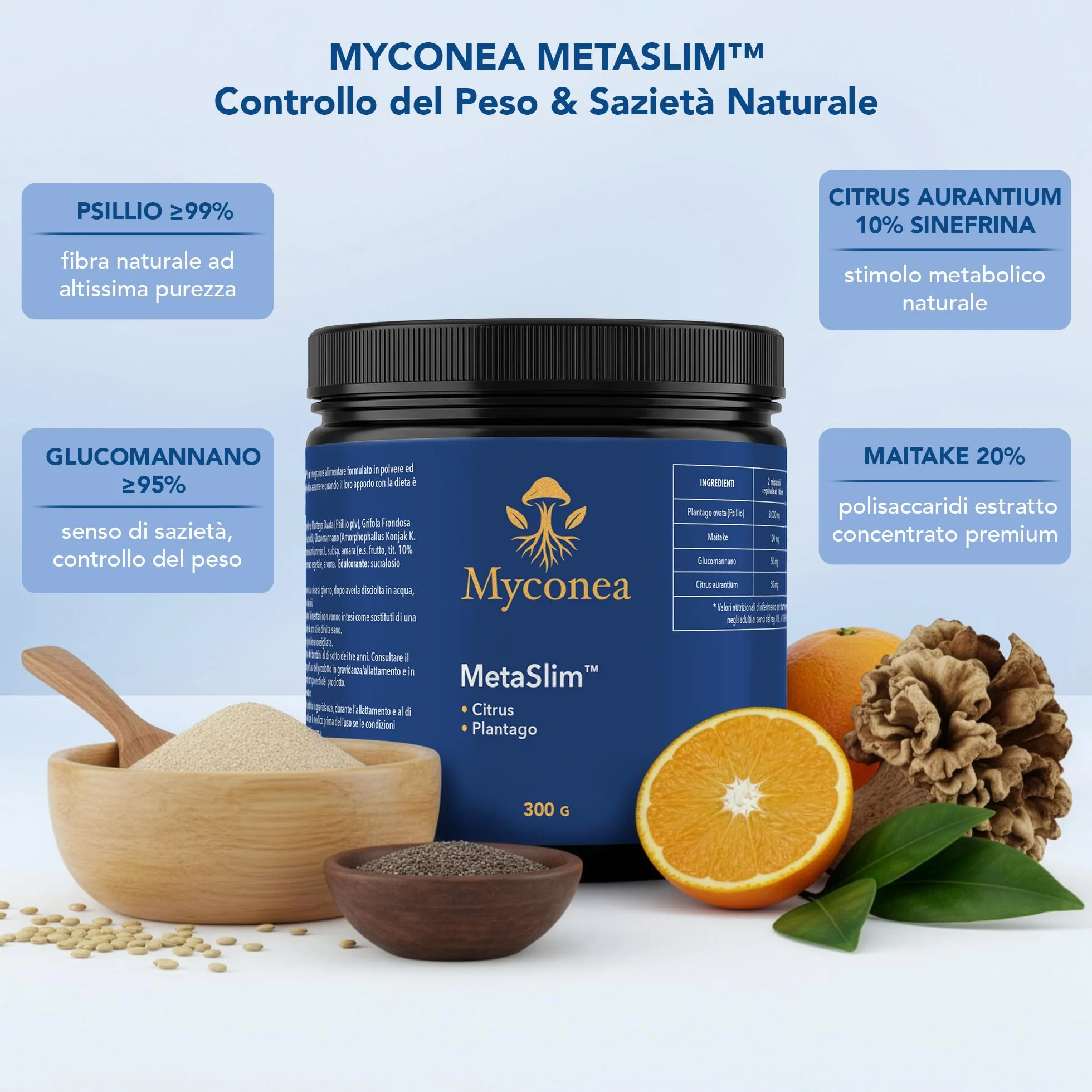 MetaSlim Glucomannano e Psillio in Polvere Integratore Fibre Senso di Sazietà Equilibrio Peso 300g
