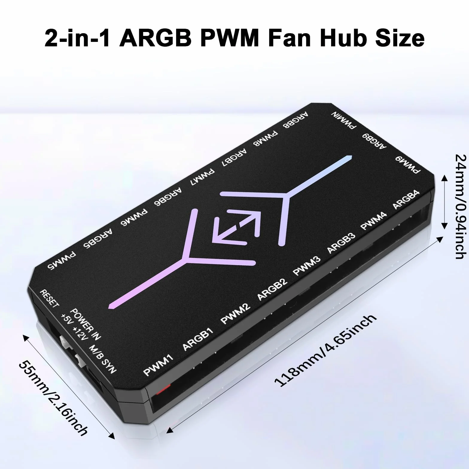 Hub per ventole 2-in-1 ARGB PWM con controller AYWHP, 9 porte 4Pin PWM, 5V 3Pin ARGB, telecomando, nero