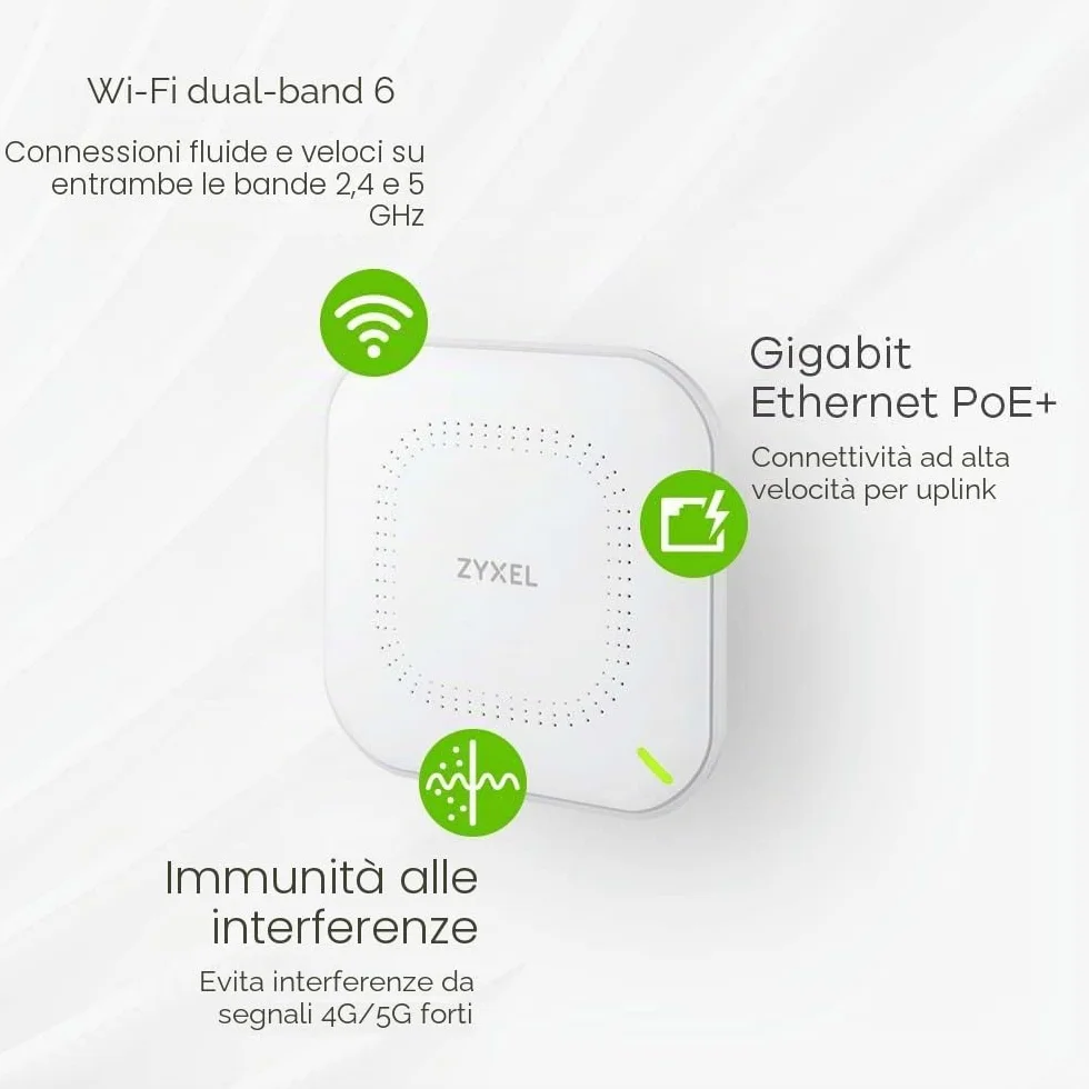 Zyxel WiFi 6 AX1800 Wireless Access Point | 802.11ax Dual Band | 1,77 Gbps | PoE | Gestibile Tramite Nebula App/Cloud o Standalone | Fino a 4 Reti Separate | Alimentatore Incluso [NWA50AX]