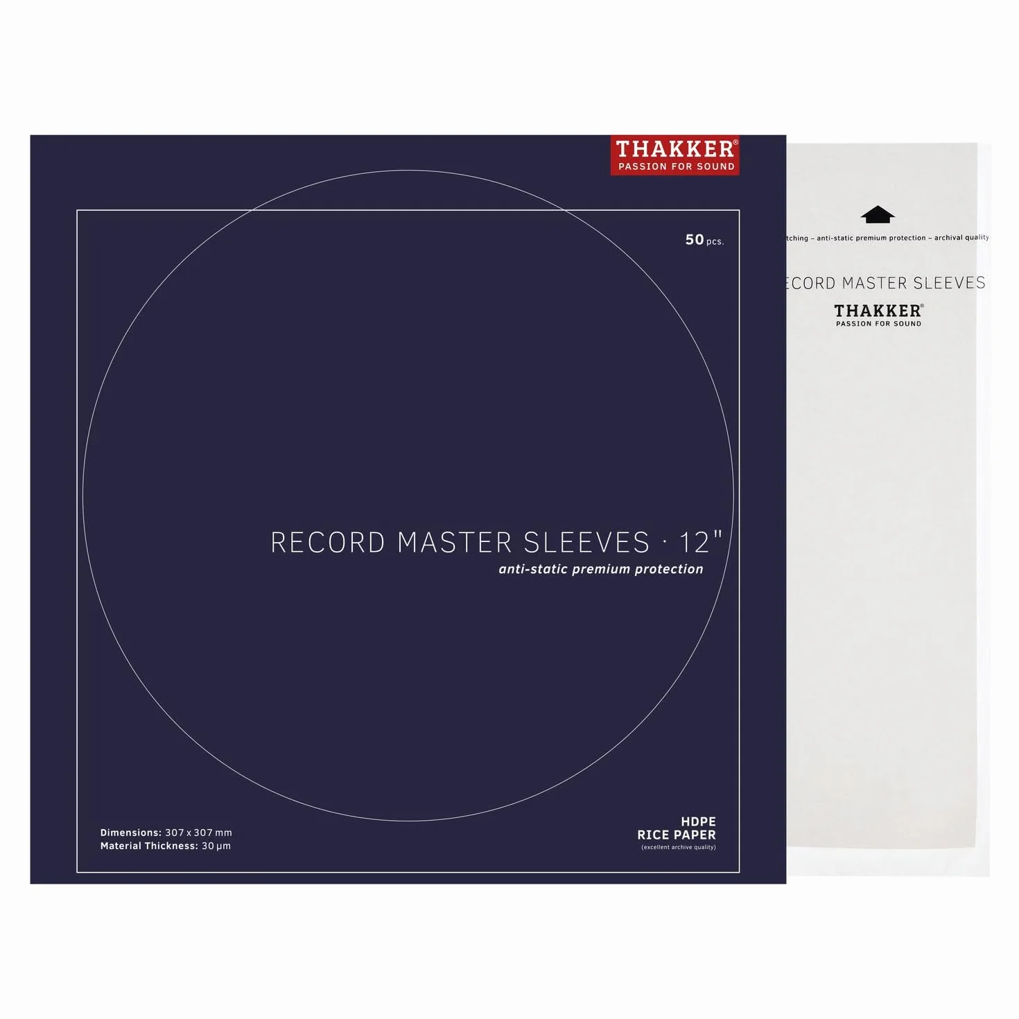 THAKKER Record Master Sleeves - 12' - 50 Manicotti Interni antistatici | Protezione Premium per Dischi da 12' | qualità Eccellente | 30µm HDPE più Fodera in Carta di Riso | 307mm x 307mm