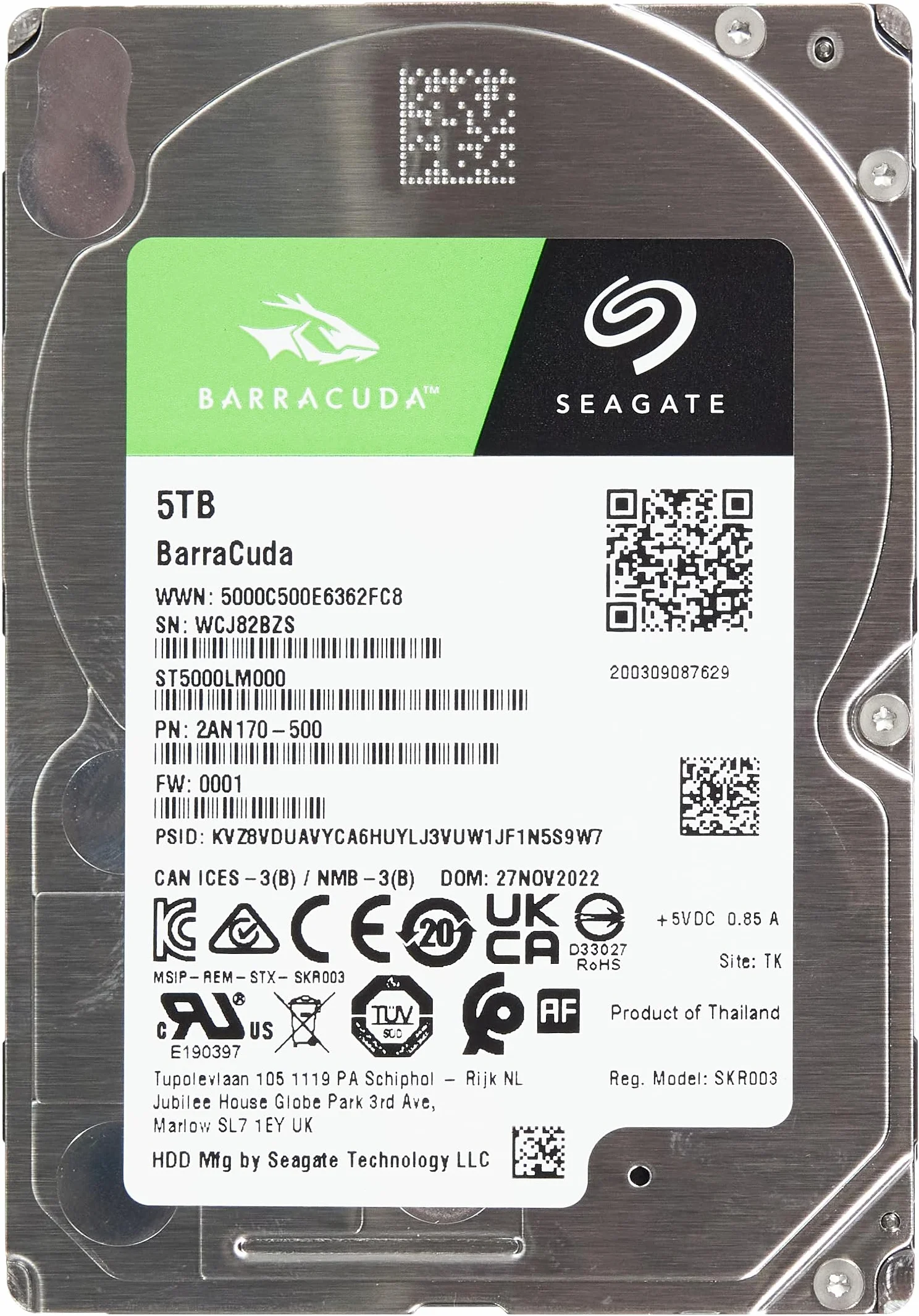 Seagate BarraCuda, 5 TB, Hard Disk Interno, SATA da 6 GBit/s, 2,5", 5.400 RPM, Cache da 128 MB per PC Desktop e PC Portatili (ST5000LM000)