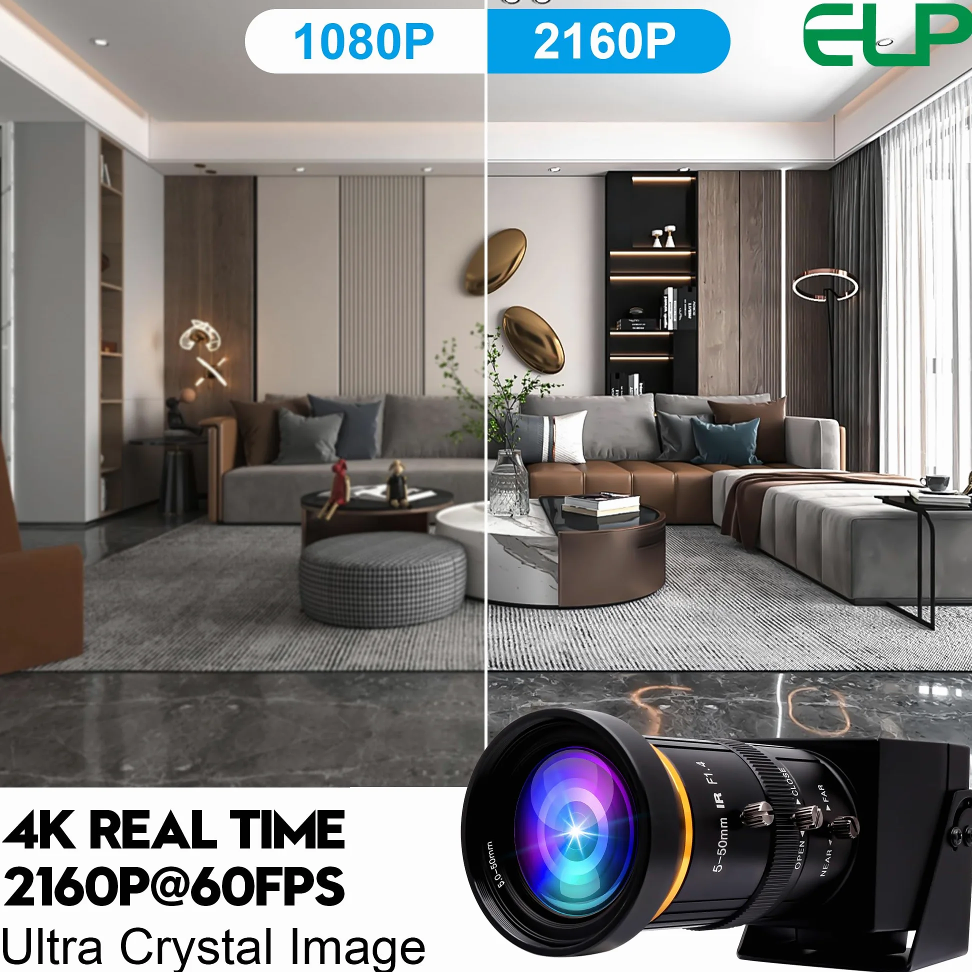 ELP Webcam USB 3.0 4K 60fps - Uscita HDMI e USB, doppio display, zoom manuale, zoom 10x, alta velocità, H.264, obiettivo 5-50mm