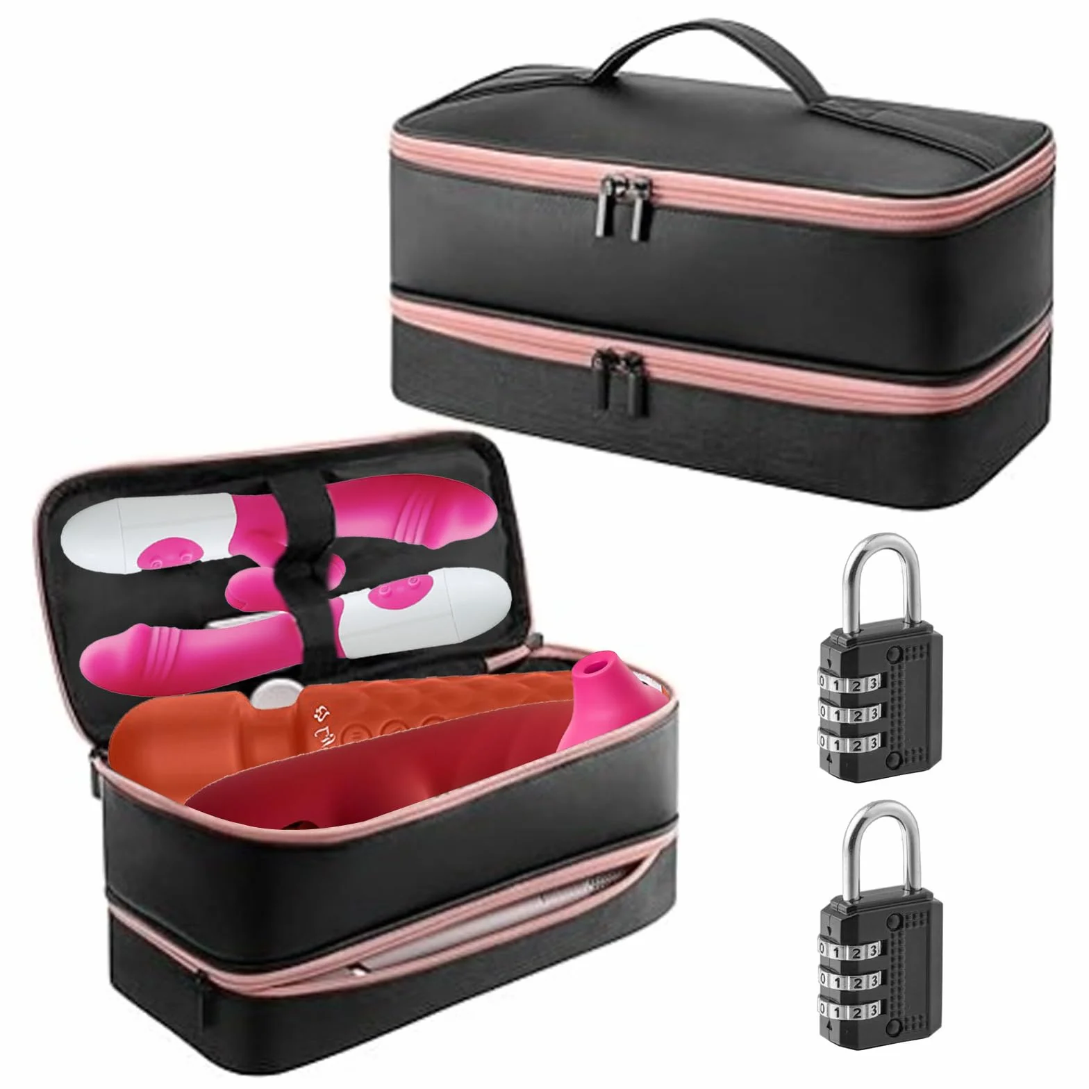 Borsa portaoggetti per sex toys 36x19x17 cm PU impermeabile antipolvere con maniglia e combinazione Nero