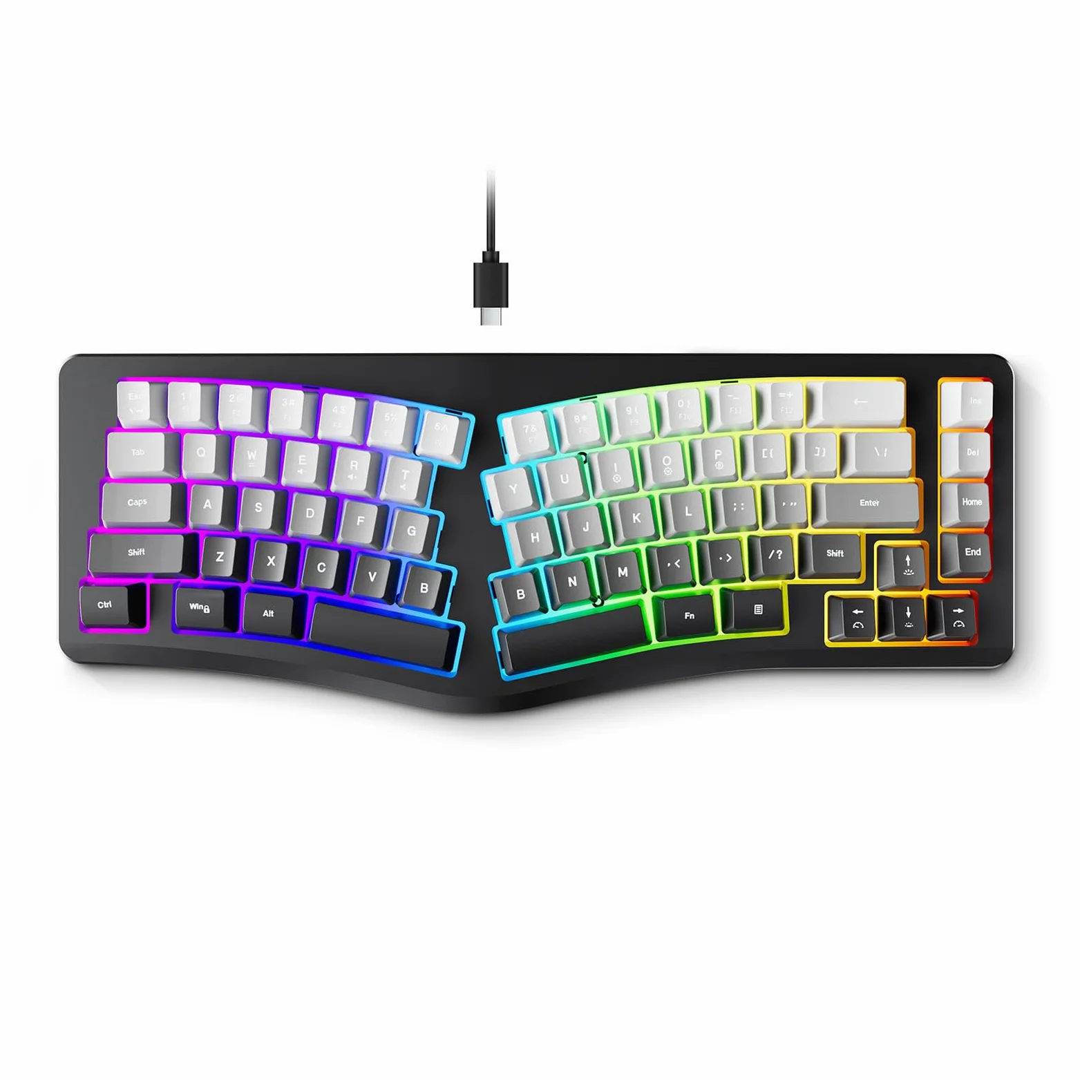 Zunate Tastiera Ergonomica Cablata, Tastiera Divisa a 69 Tasti con luminosità di 7 Colori, Digitazione Comoda per Computer Desktop Portatile