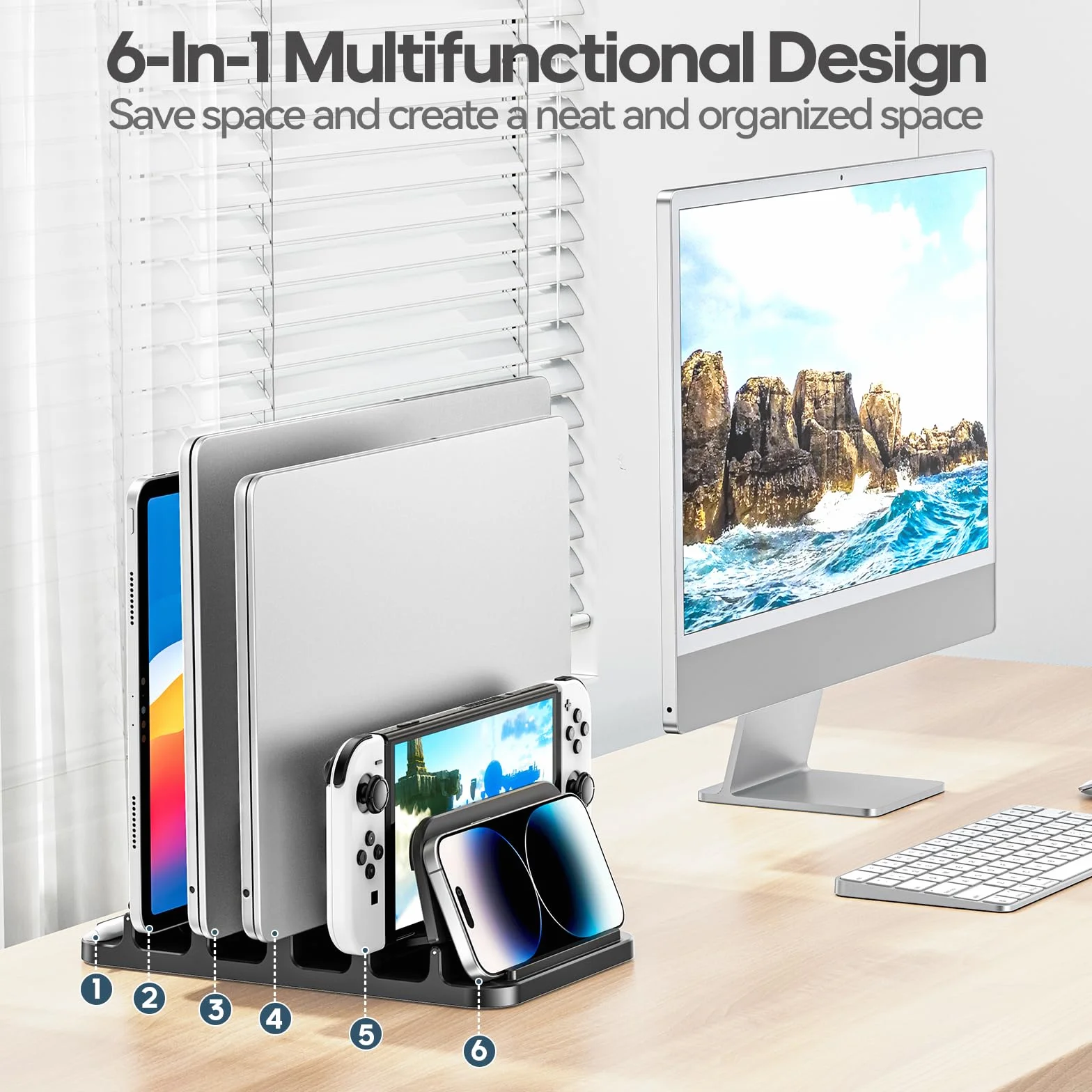 KDD Supporto Verticale Laptop con 3 Scanalature & Chiusura a Gravità, 6 in 1 Porta PC Portatile da Scrivania Salvaspazio per MacBook/Surface/Samsung/HP/Dell/Book/Tablet/Switch e Telefono Cellulare