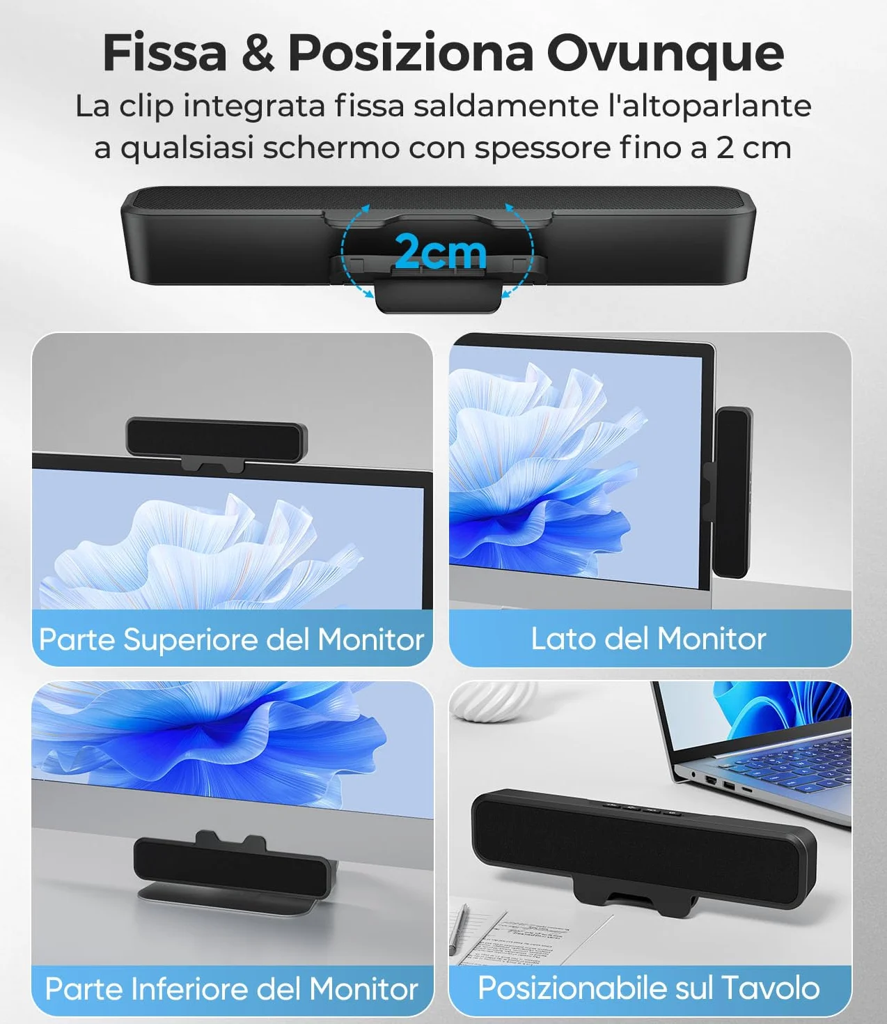 Sound Bar Stereo per Computer Desktop, Bassi Profondi, Type-C & USB-A