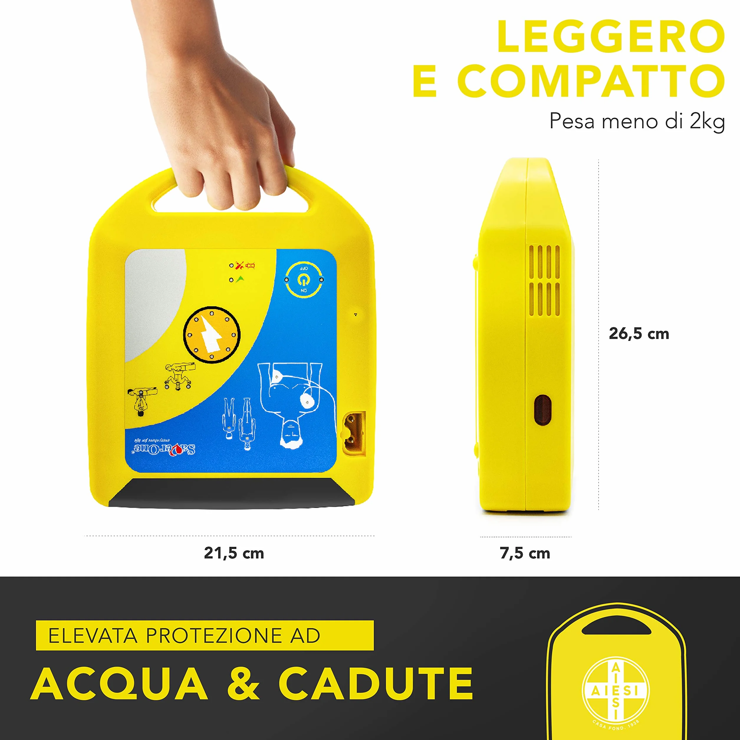 AMI ITALIA® Defibrillatore semiautomatico SAVER ONE z baterią nieladowalną i parą elektrod dla dorosłych, Gwarancja 6 lat, Made in Italy