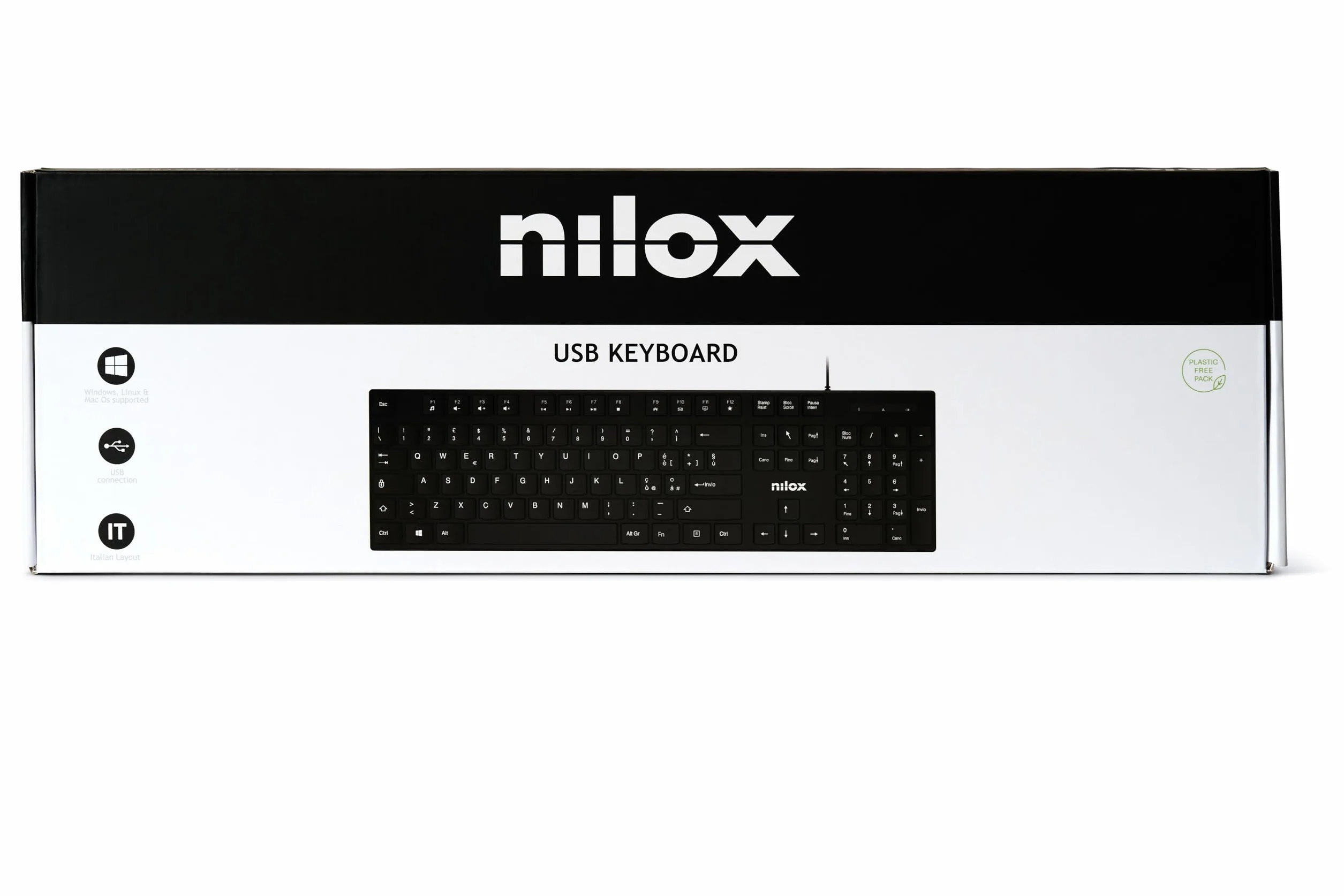Tastiera USB Nilox NXKBIT000012 Leggera Compatta Layout Italiano Cavo 1,5m Antiusura Nera