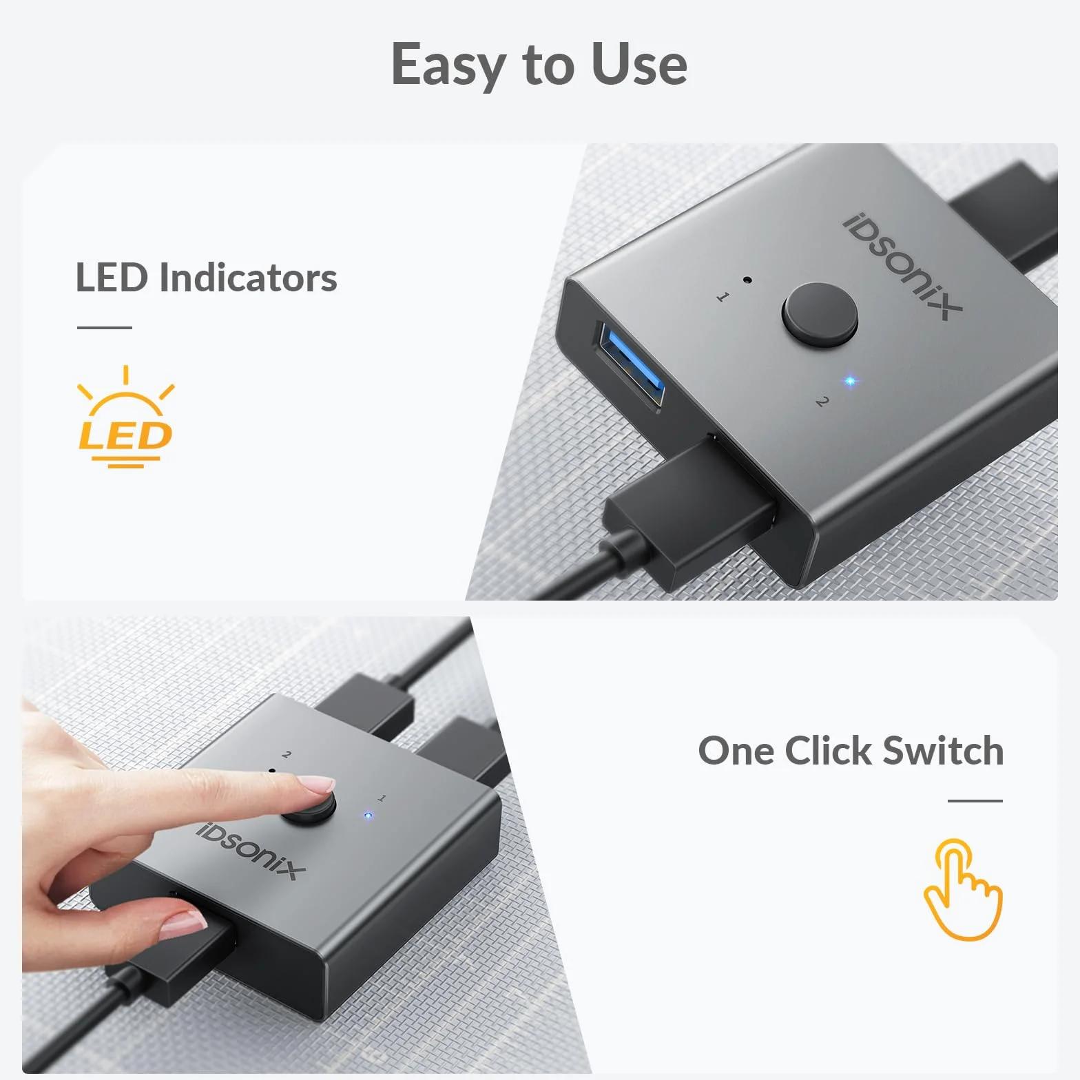 iDsonix - Interruttore USB 3.0 in alluminio, bidirezionale USB Switch 2 ingressi 1 uscita, 2 computer condividono 1 dispositivo per stampante, mouse, tastiera, supporto CarPlay e Android Auto