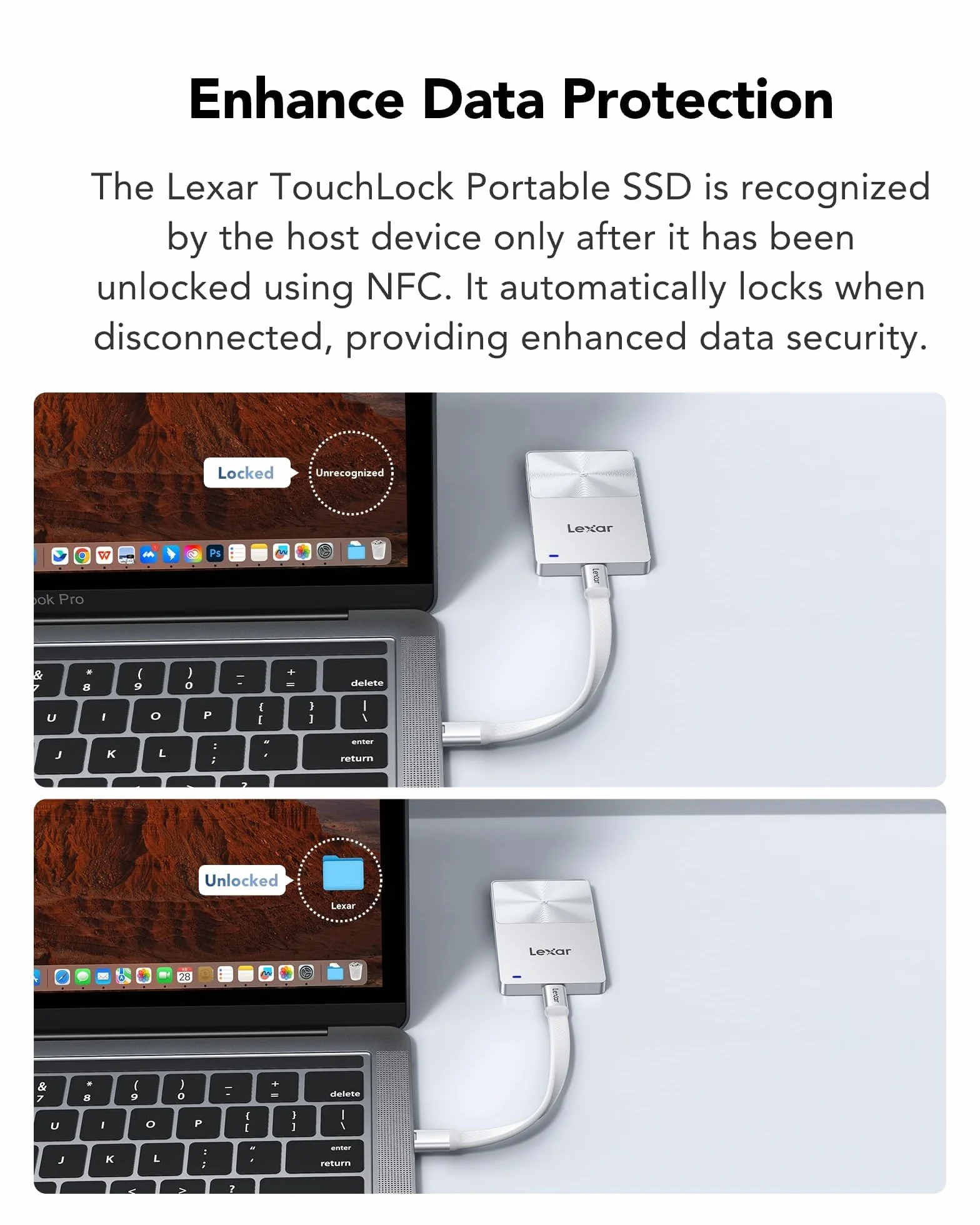 Lexar TouchLock Portatile SSD da 1TB con Autenticazione con Crittografia NFC One-Touch, Unità a Stato Solido Esterne USB 3.2 Gen2, Supporto SSD Magnetico per Telefono per iPhone 17/16, Tablet, PC