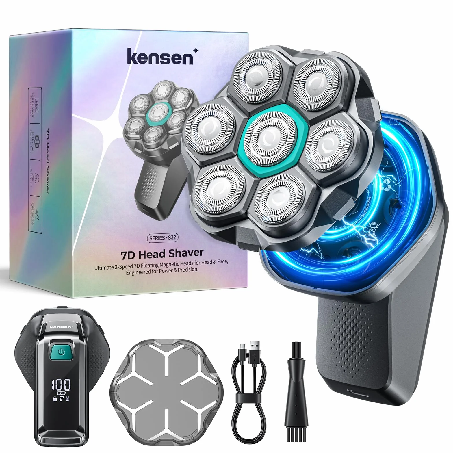 kensen Rasoio Elettrico Testa Calva Uomo 7D IPX6 Impermeabile 100 Minuti Autonomia Testina Taglio Magnetica USB-C 8100 8500 giri/min