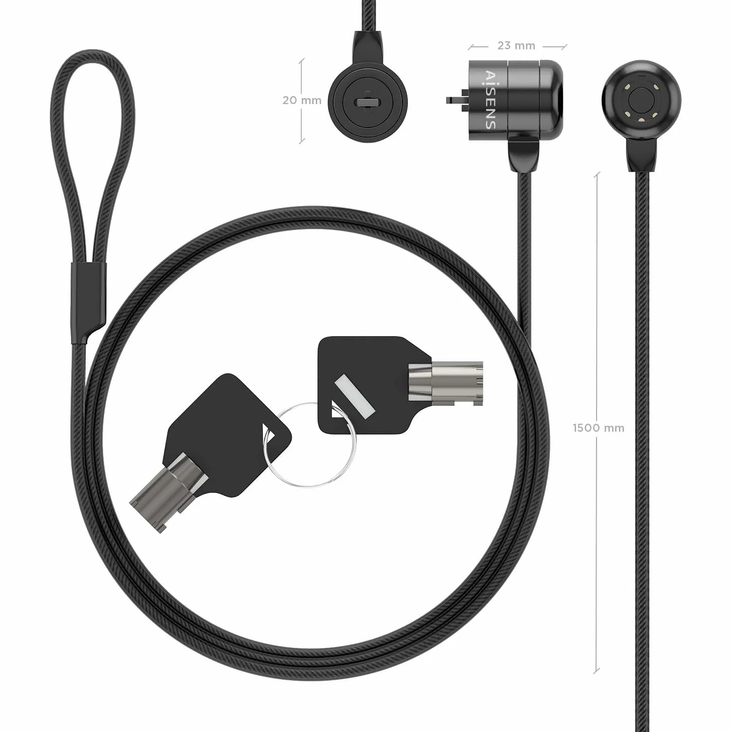 AISENS - ASLK-D40K04-BK - Cavo di Sicurezza con Serratura a Chiave per Computer, Monitor, Portatile 1,5 m