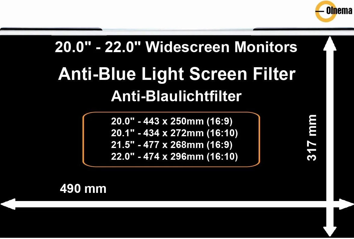 Acrilico Pellicola Protettiva Anti Luce Blu Universale I Anti UV I Protezione per gli occhi I Per computer e monitor PC rimovibile 20-22 pollici (20, 20.1, 21.5, 22) 16:9/16:10