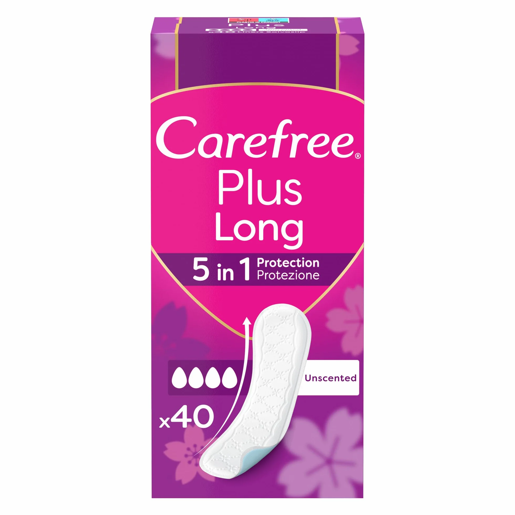 Carefree Salvaslip Plus Long Senza Profumo, Salva slip donna extra lungo, protezione 5in1, 40 sztuk