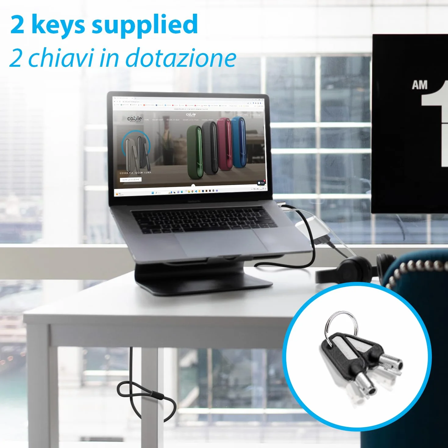 Cable Technologies Cavo di Sicurezza Nano Acciaio antifurto 180 cm per Notebook, Slot di Sicurezza Kensington Nanosaver, Chiusura a Chiave, 2 Chiavi, Blocco di Protezione Nano Saver, Rivestimento PVC