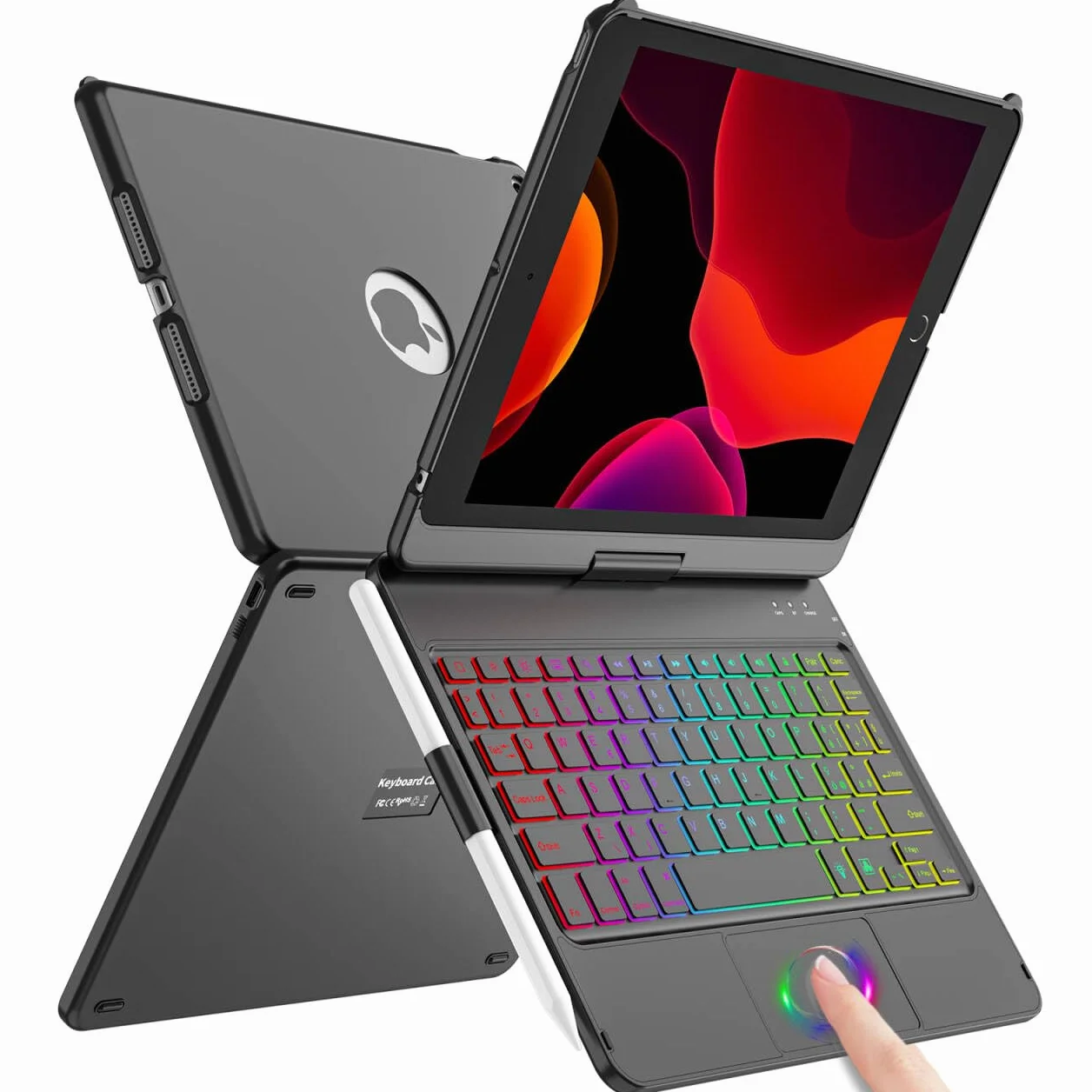 SZO Tastiera per iPad 9 Generazione 10.2 Custodia, Cover per iPad 9a/8a/7a Generazione, 360°Touchpad Flip Cover Rigida Custodia, Tastiera Bluetooth Wireless 7 Retroilluminazione, Auto Sleep/Wake, Nero
