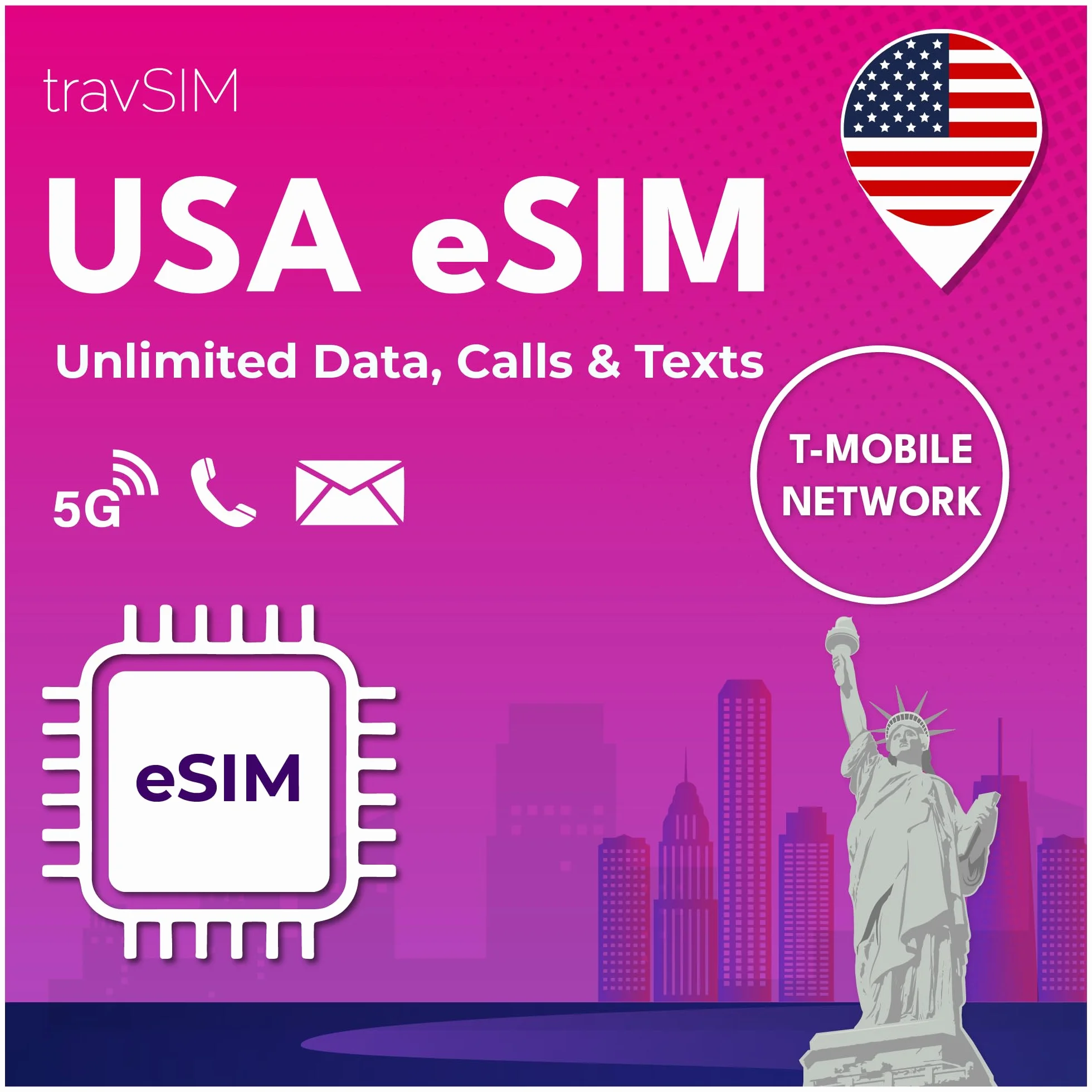 eSIM USA Nativa – Compatibile con T-Mobile | Dati 5G illimitati negli Stati Uniti | Chiamate e SMS illimitati | Validità 7 giorni | Consegna immediata via e-mail