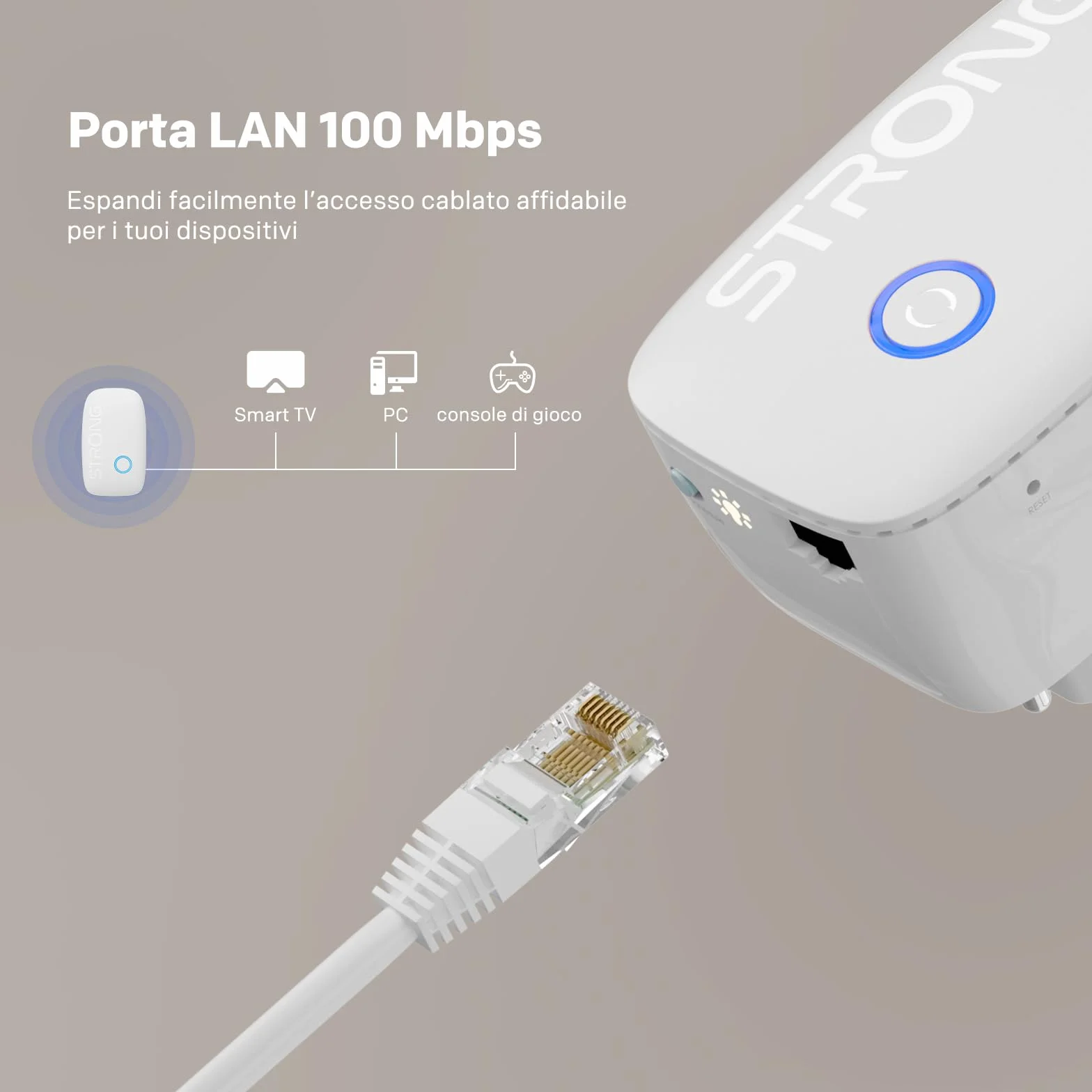 STRONG Ripetitore WiFi AC1200 da presa muro – Amplificatore WiFi potente Dual Band, WiFi extender per casa, WPS, porta LAN, ideale streaming e più dispositivi