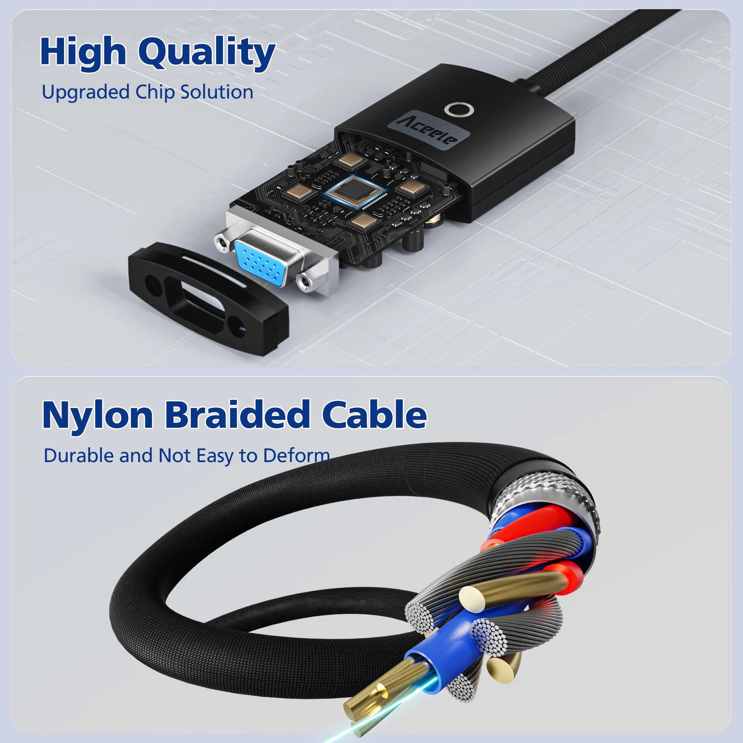 Aceele Adattatore HDMI a VGA, Convertitore da computer HDMI a monitor VGA (maschio a femmina), Adattatore con Cavo in Nylon Per PC desktop, laptop, Raspberry Pi, Roku, Xbox a Proiettore/Display