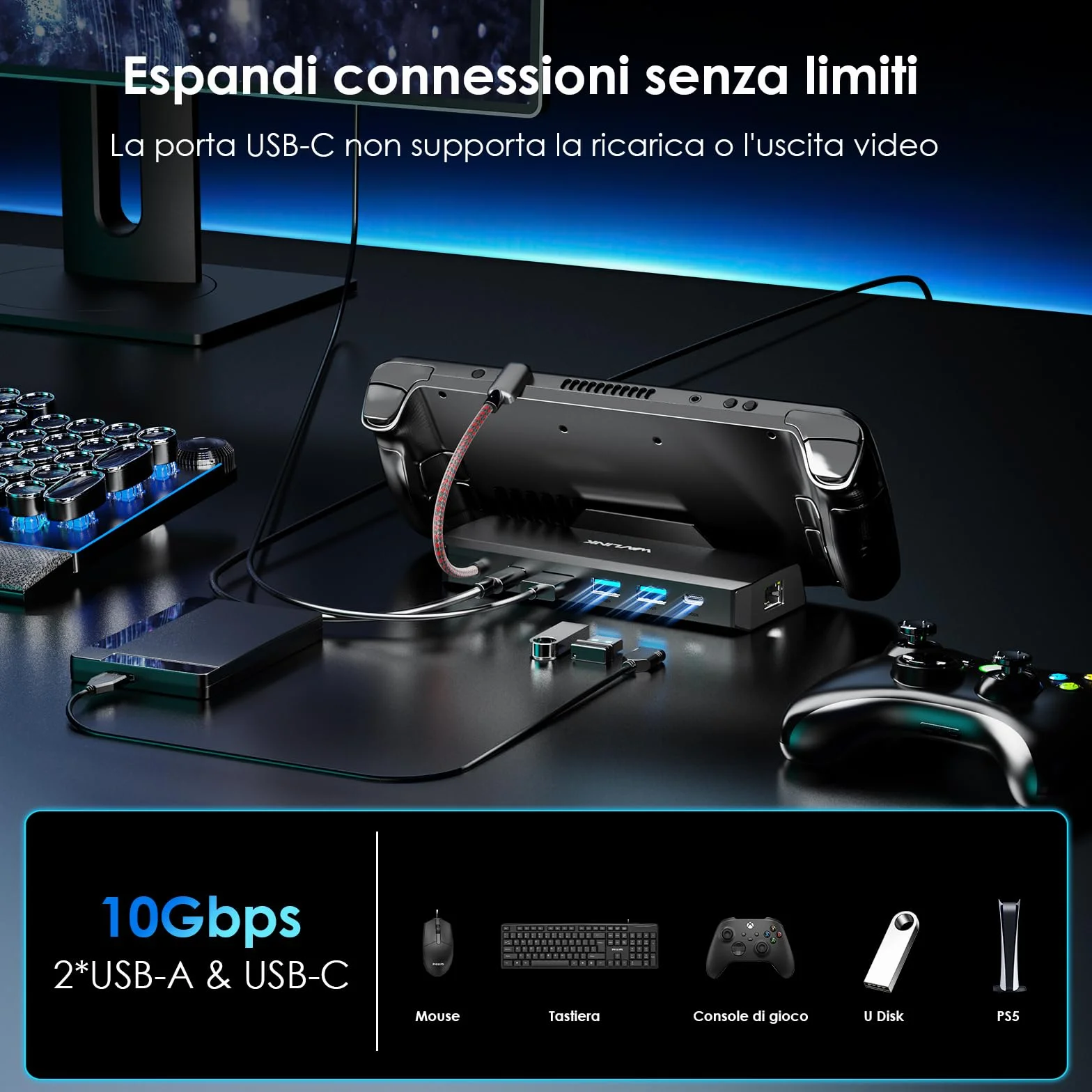 WAVLINK Steam Deck Dock, 6-IN-1 Docking Station per Steam Deck/ROG Ally con 4K@144Hz HDMI 2.1, 100W PD IN, 3x 10G USB 3.2, Gigabit RJ45
