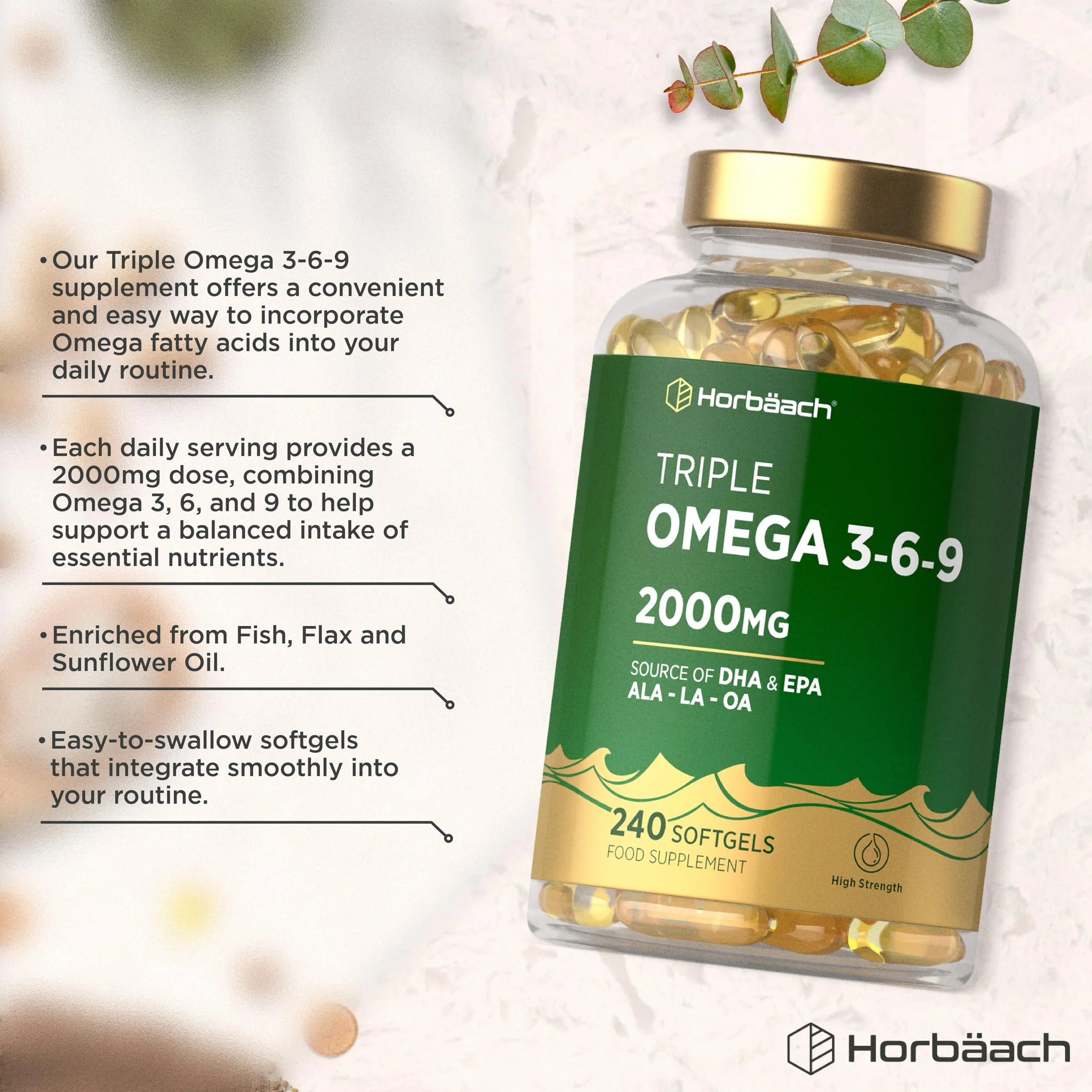 Horbaach Omega 3 6 9 2000mg 240 Vegano Softgels Alto Dosaggio DHA EPA Olio di Pesce e Lino