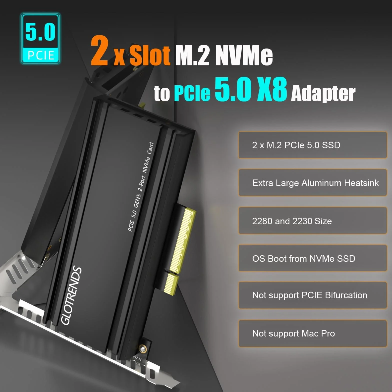 GLOTRENDS PA52L Dual Adattatore M.2 NVMe a PCIe 5.0 X8 senza biforcazione PCIe, Configurazione Soft M.2 NVMe RAID tramite strumento OS
