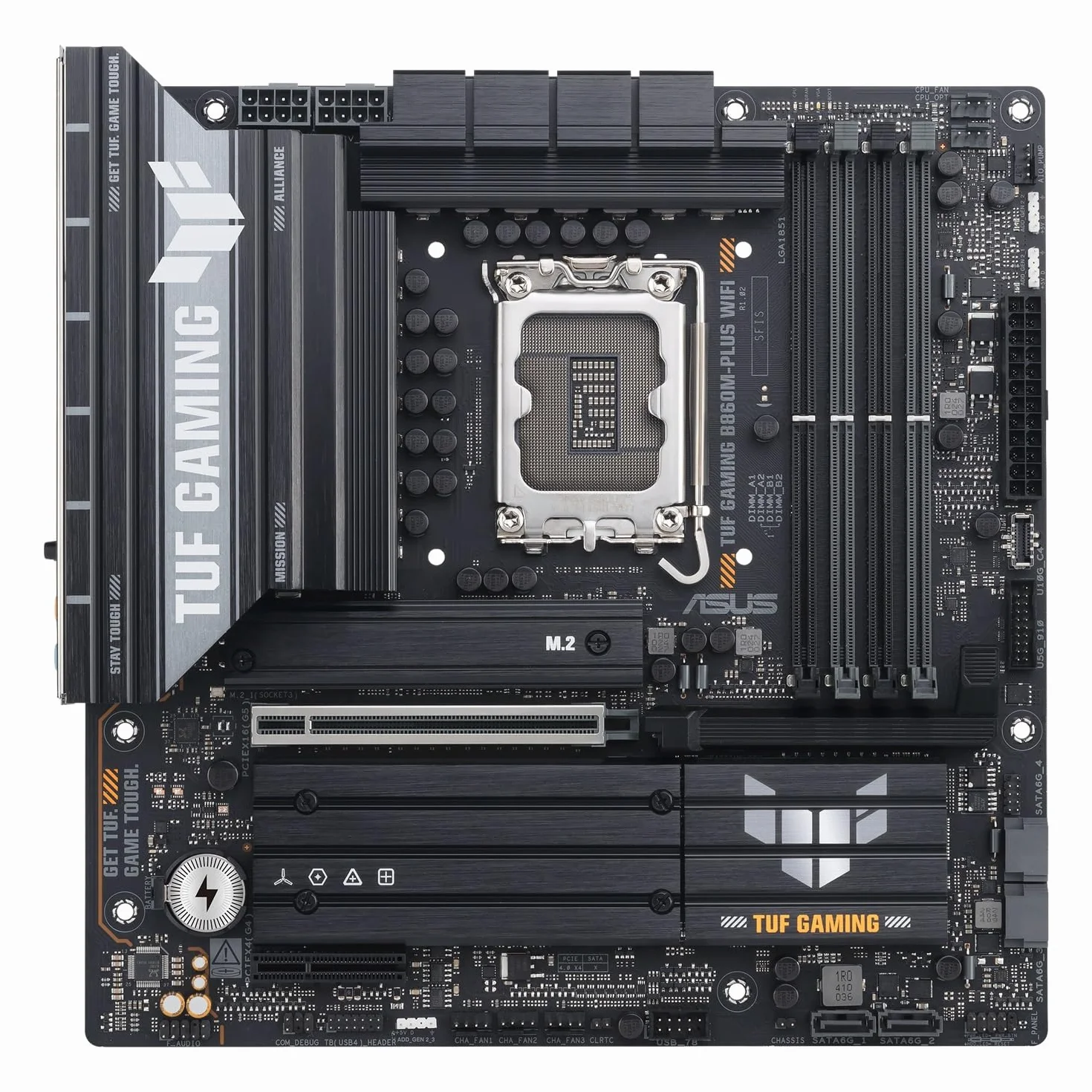 ASUS TUF GAMING B860M-PLUS WIFI, Scheda Madre Intel mATX, 12+1+2+1 Fasi di Alimentazione, Slot DDR5, PCIe 5.0, 3 Slot M.2, WiFi 7, Ethernet Realtek 2.5 GB, DisplayPort, HDMI, USB-C 20 Gbps, Nera