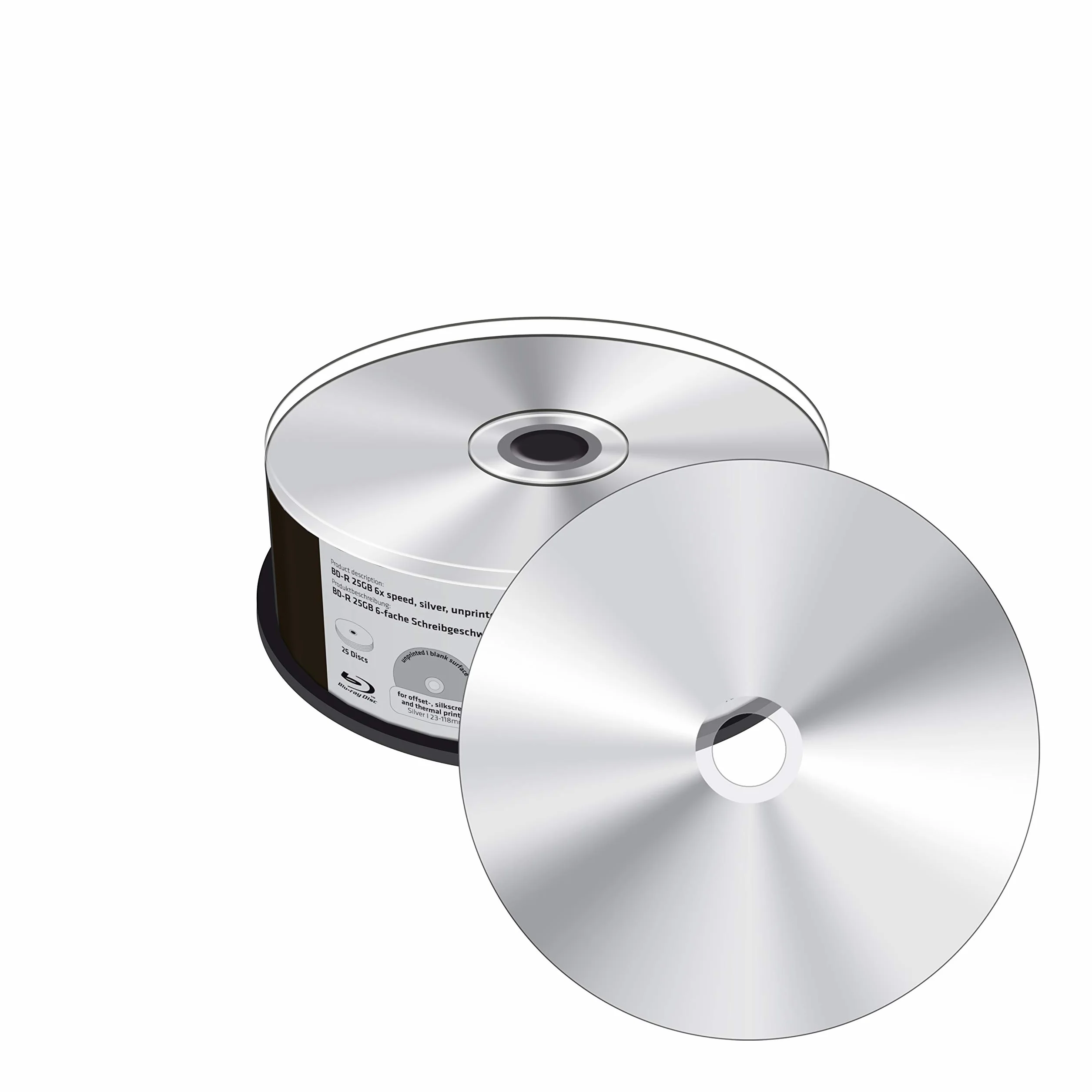 BD-R 25 GB 6X velocità di scrittura, argento/vuoto, completamente metallizzato, 25 pezzi scatola per torte