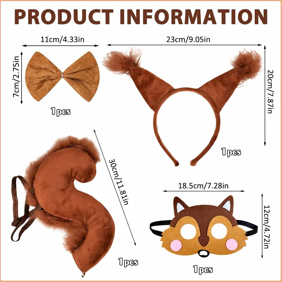 Costume Scoiattolo 4 Pezzi - Cerchietto Orecchie Papillon Pelliccia Sintetica Coda Maschera per Donne Feste