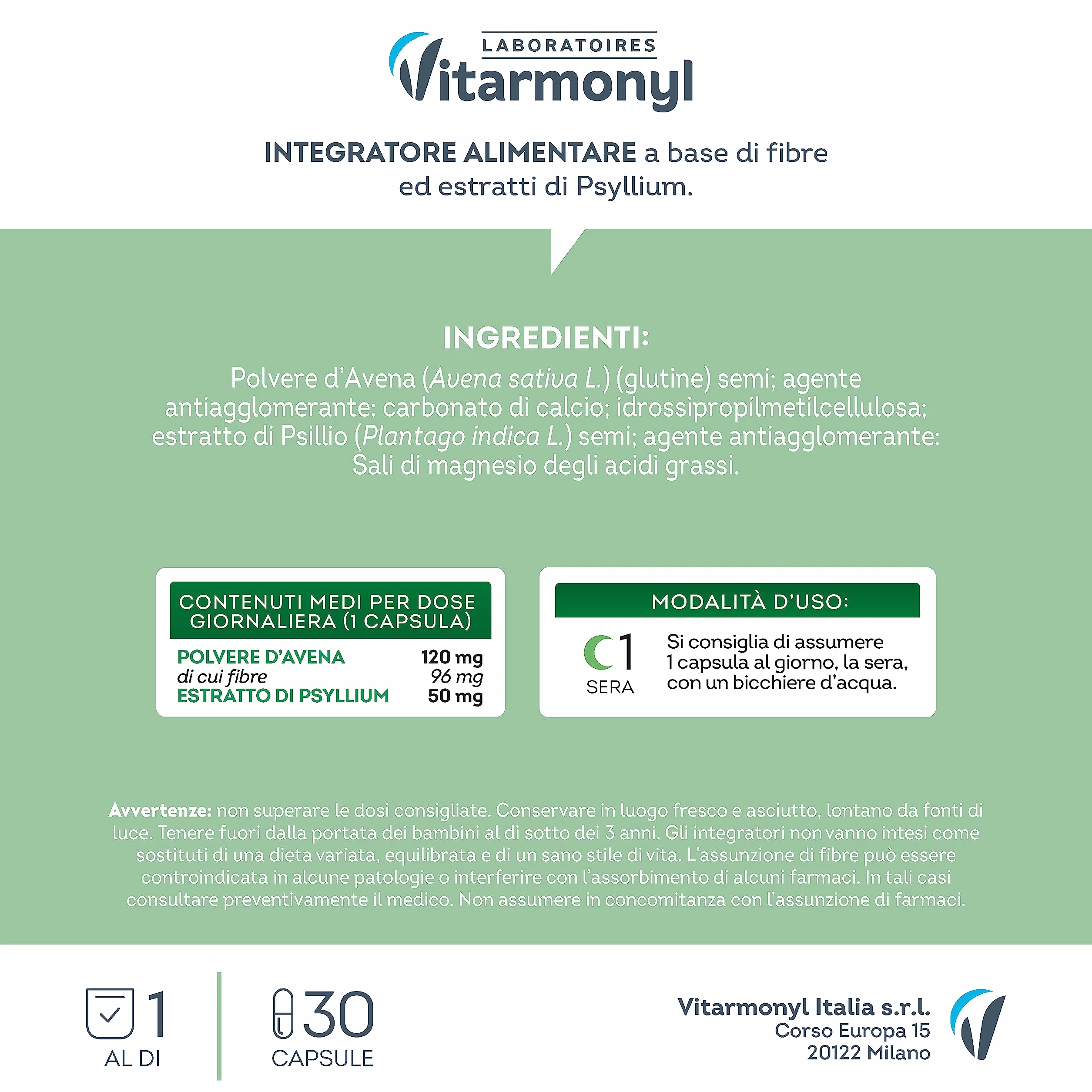 Psyllium e Fibre Integratore Transito Intestinale con Avena 30 Capsule Vitarmonyl