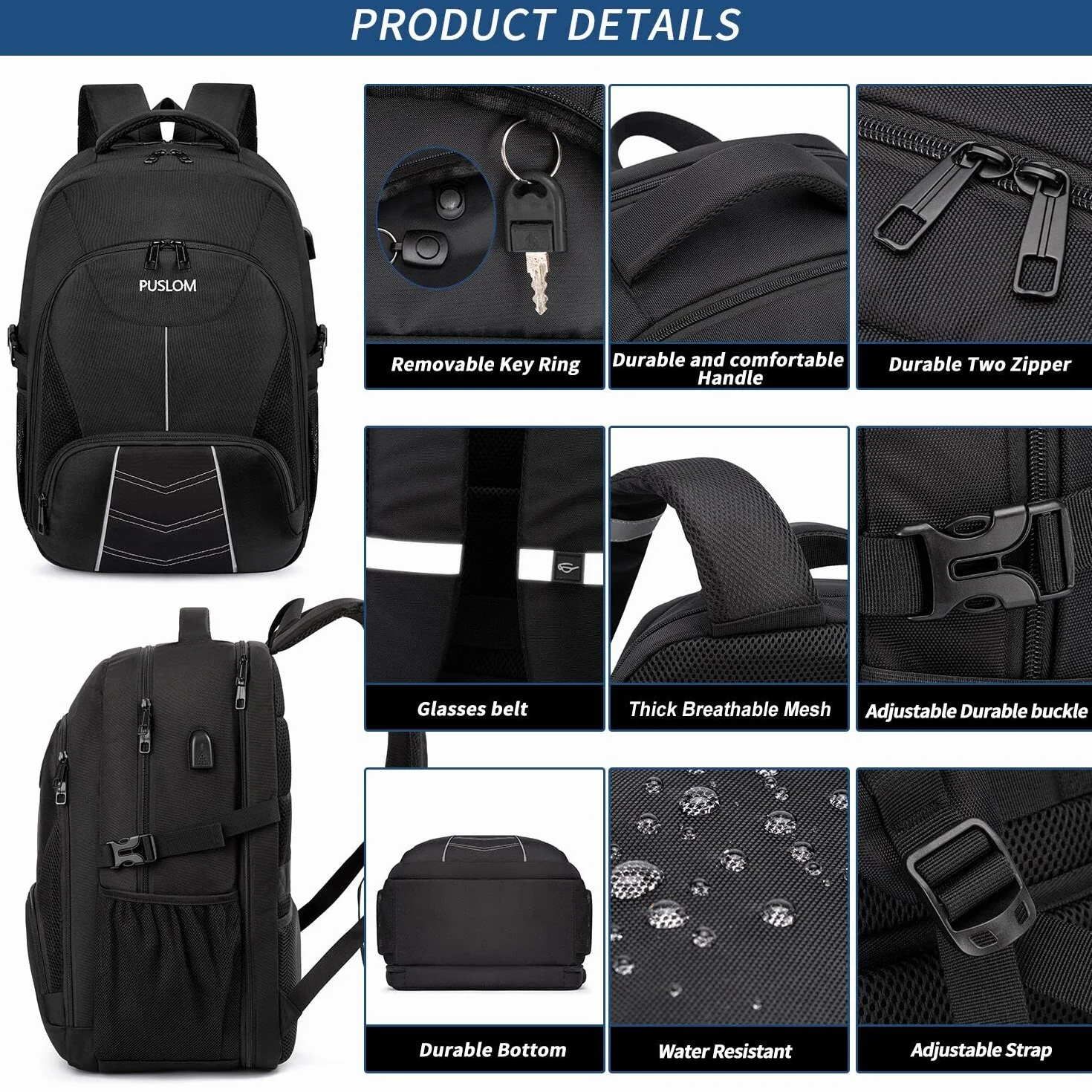 Zaino Uomo Grande 55L 18.4 Pollici con Caricatore USB Lavoro Impermeabile Laptop Computer PC Portatili per Viaggio Ufficio Scuola,Nero