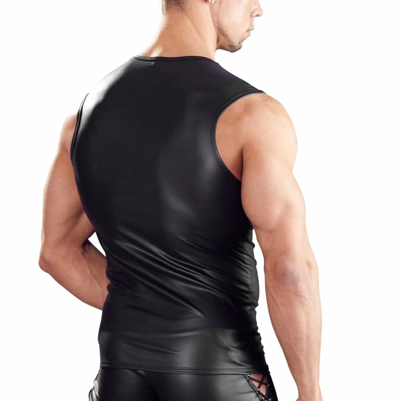 Camicia da uomo in pelle laccata maniche corte lattice stile kinky effetto bagnato clubwear
