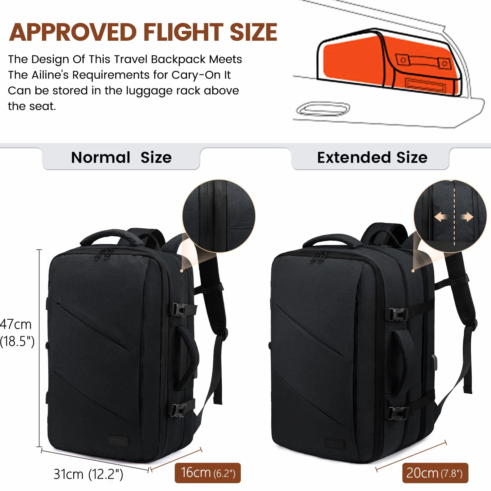 LOVEVOOK Zaino da Viaggio Cabina 30L con Compartimento per Laptop 15,6 Pollici, Bagaglio a Mano per EasyJet e Ryanair, Nero