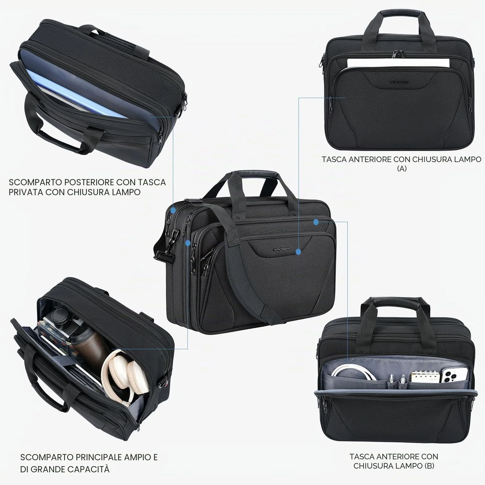 KROSER Borsa per Laptop Cartella per Laptop Premium Adatto per Laptop fino a 17,3 Pollici Borsa a Tracolla Espandibile a Tracolla Borsa per Computer per Viaggi/Affari/Scuola/Uomini/Donne-Nero