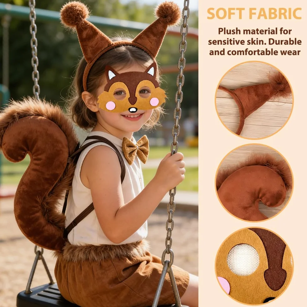 Costume Scoiattolo 4 Pezzi - Cerchietto Orecchie Papillon Pelliccia Sintetica Coda Maschera per Donne Feste