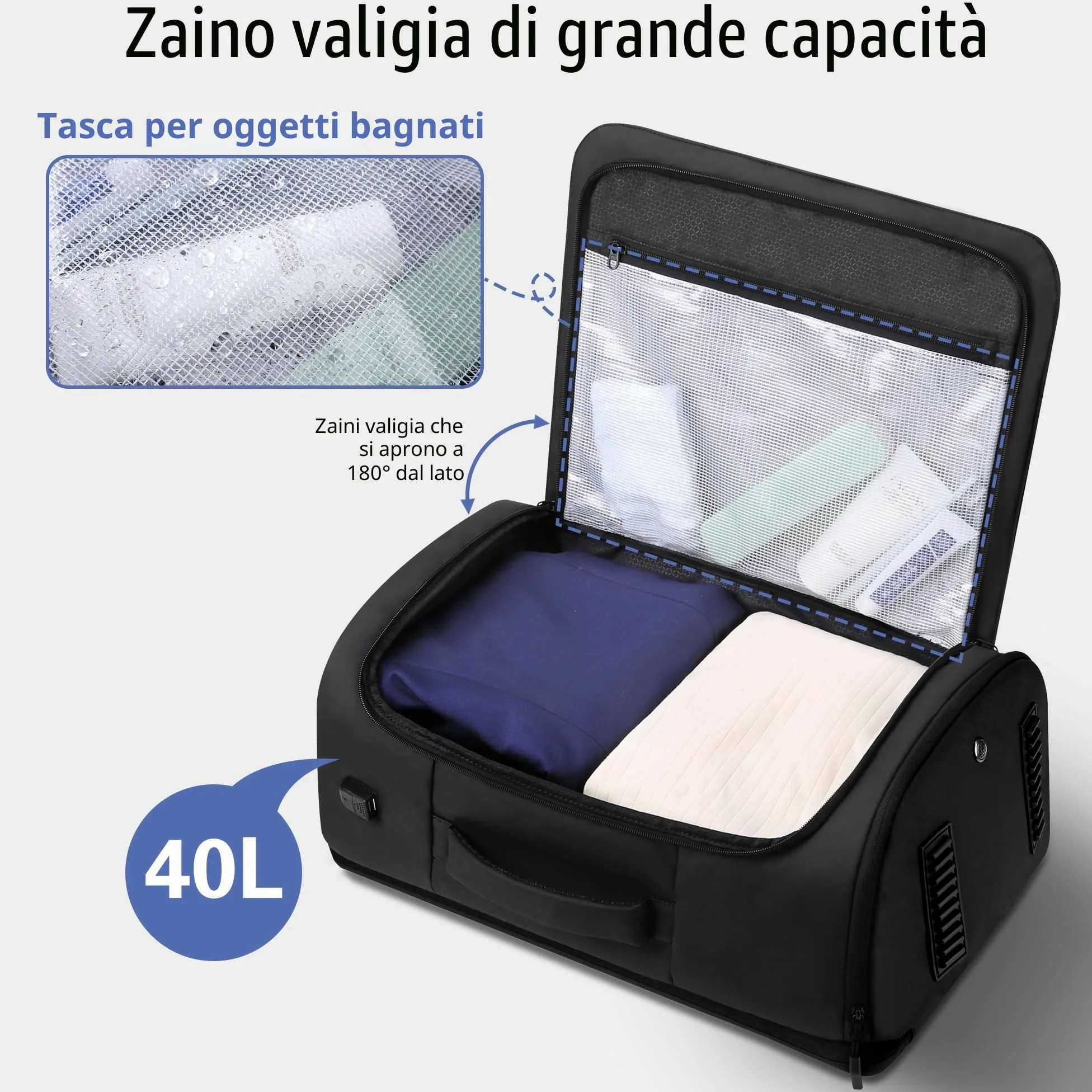 HOMIEE Zaino da Viaggio 40L Grande Zaino Bagaglio a Mano con Scomparto per Scarpe Resistente All'acqua Zaini Porta PC 17,3 Pollici con Porta USB Zaini Aereo Omologato per il Volo