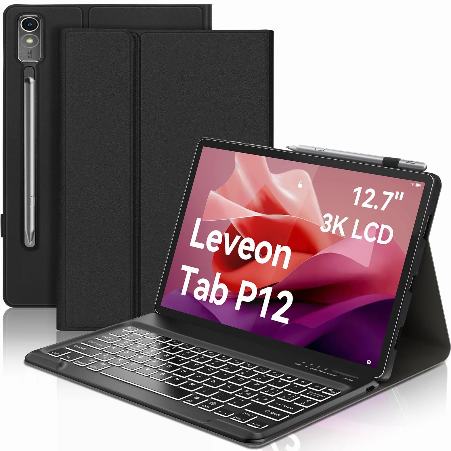 WINCHKING Custodia Tastiera per Lenovo Tab P12 12.7" 2023, Cover con Tastiera Italiano Magnetica Retroilluminata Bluetooth per Lenovo P12 Tablet 12.7 pollici (TB370FU), Nero