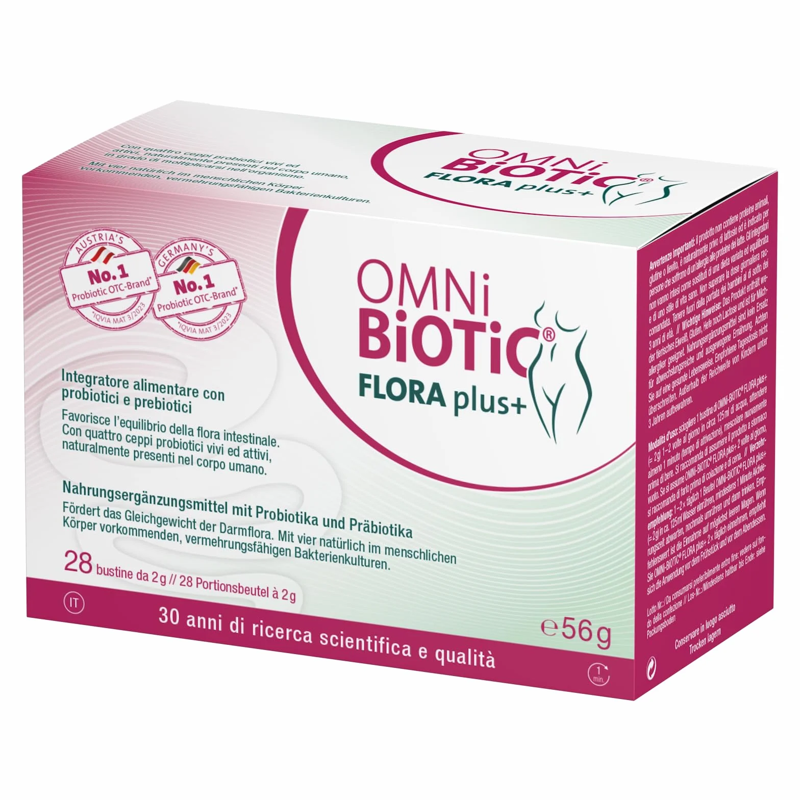 OMNi BiOTiC FLORA plus+ Integratore Alimentare Probiotici Prebiotici Polvere Vegano Senza Glutine 28 Bustine da 2 g