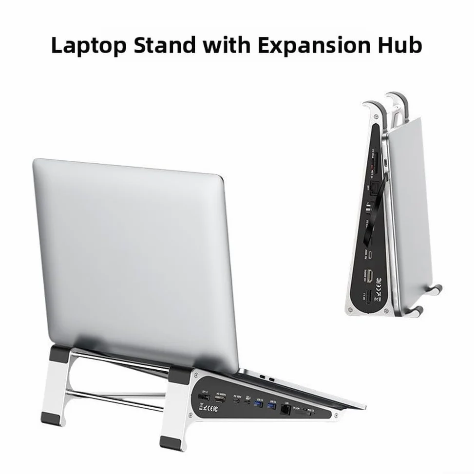 Supporto per laptop in alluminio con doppio hub 4K 100W per laptop in | Design pieghevole, leggero e portatile, adatto per zaini, viaggi d'affari, uso domestico e ufficio