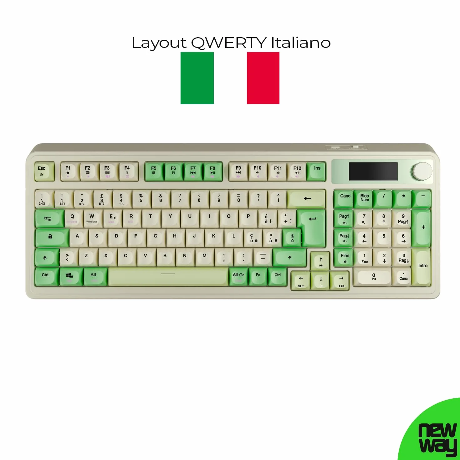 Tastiera Senza Fili Ricaricabile NEWWAY NK251 Layout Italiano QWERTY Tripla Modalità WiFi 2.4 GHz Bluetooth USB-C Display LCD Rotella Multifunzione Retroilluminazione RGB