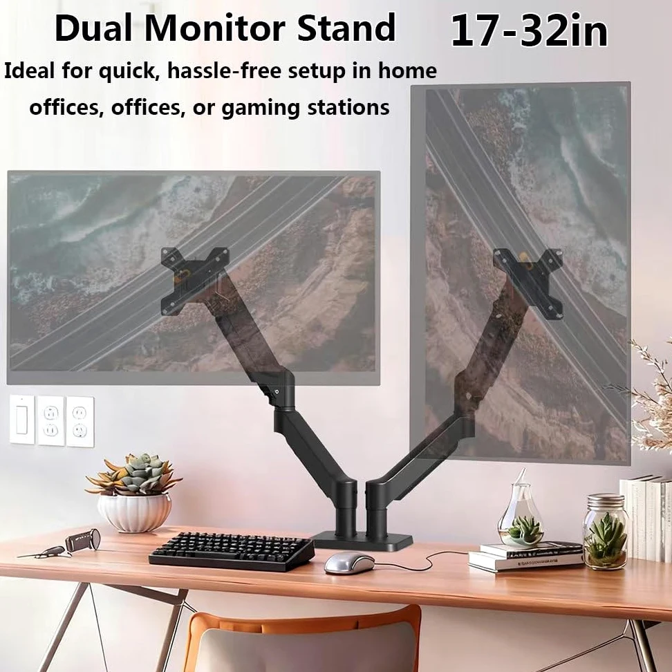 Supporto Per Doppio Monitor, Braccio Ergonomico Da Scrivania Per Monitor Da 17 A 32 Pollici – Portata Fino A 10 Kg (22 Lbs) – Regolabile In Altezza, Girevole, Inclinabile E Ruotabile Black