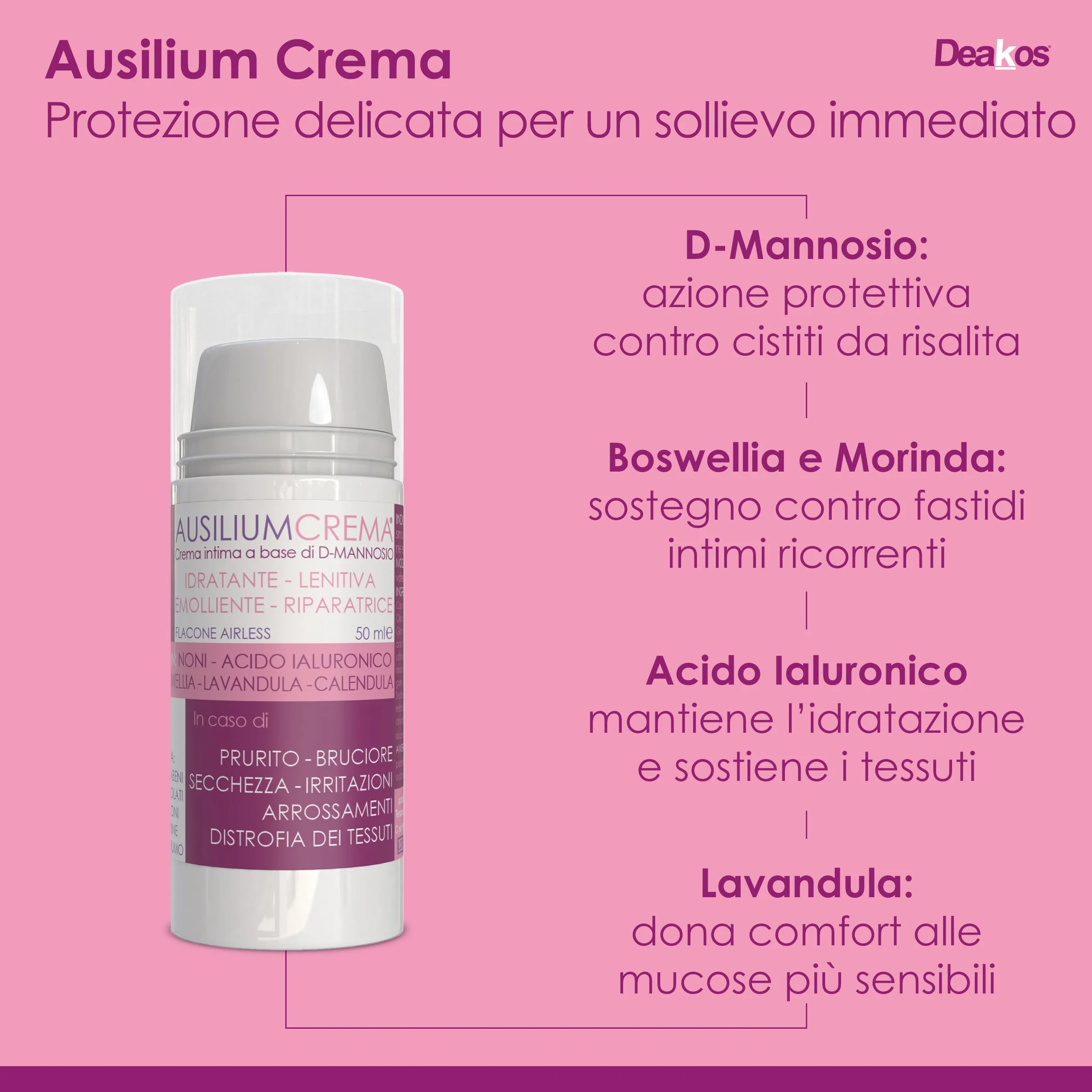 Deakos Ausilium Crema 50ml - Crema per Cistite e Benessere Intimo - Con D-Mannosio e Acido Ialuronico