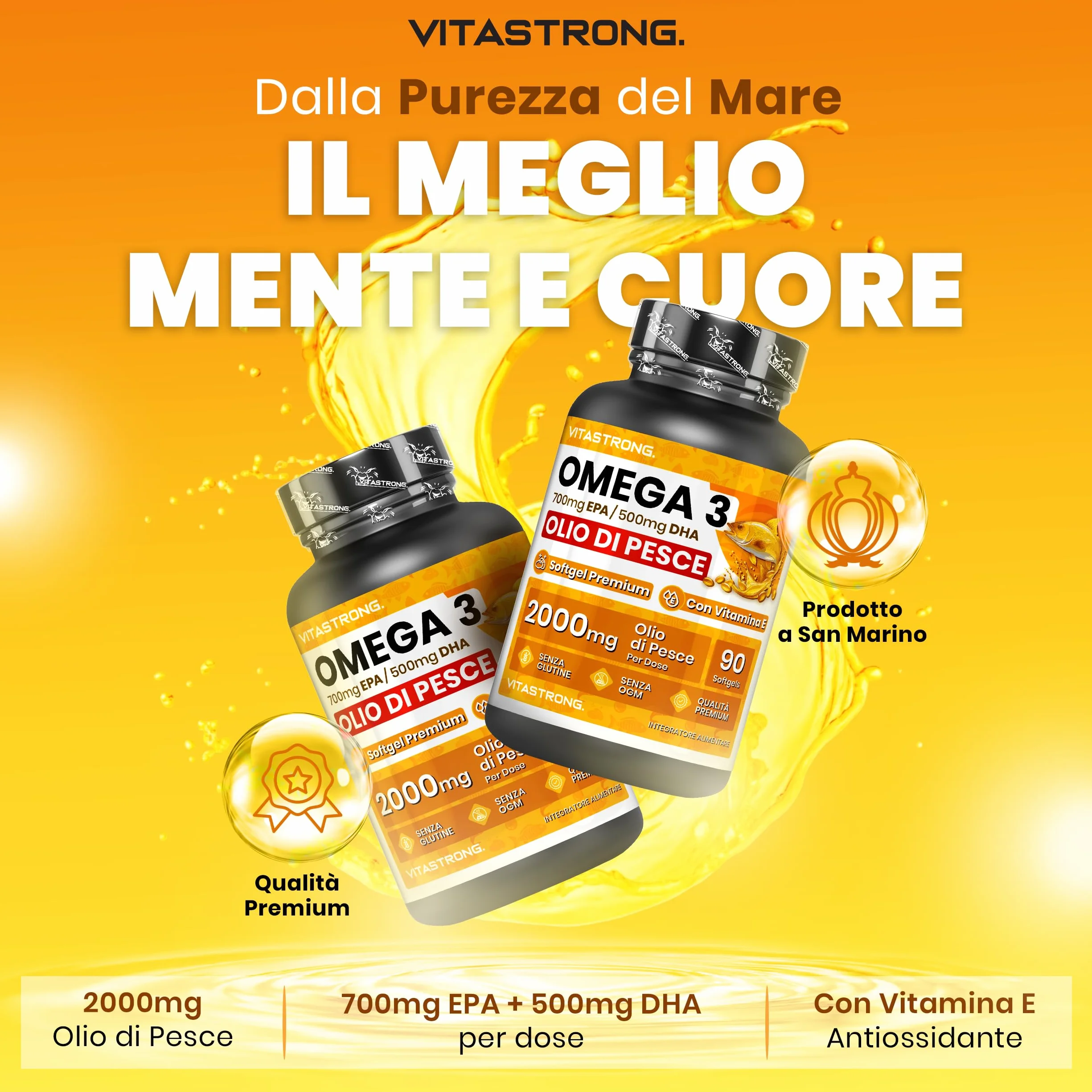 Omega 3 Olio di Pesce 2000mg EPA 500mg DHA Vitamina E Integratore Puro Cuore Vista Cervello