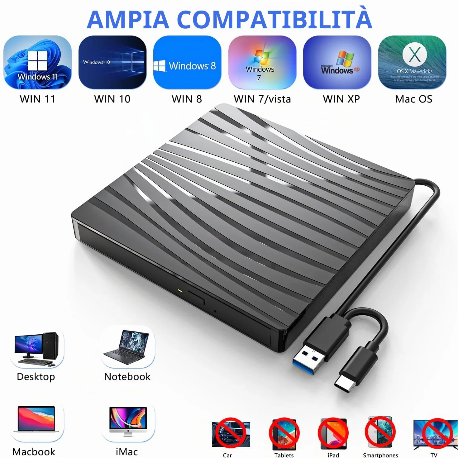 Lettore DVD Esterno per PC Portatile USB 3.0, Slim USB C CD RW Masterizzatore Esterno per Laptop, Desktop, Macbook Air/Pro, Compatibile con Windows 11/10/XP/8/7/Vista/Linux/MacOS