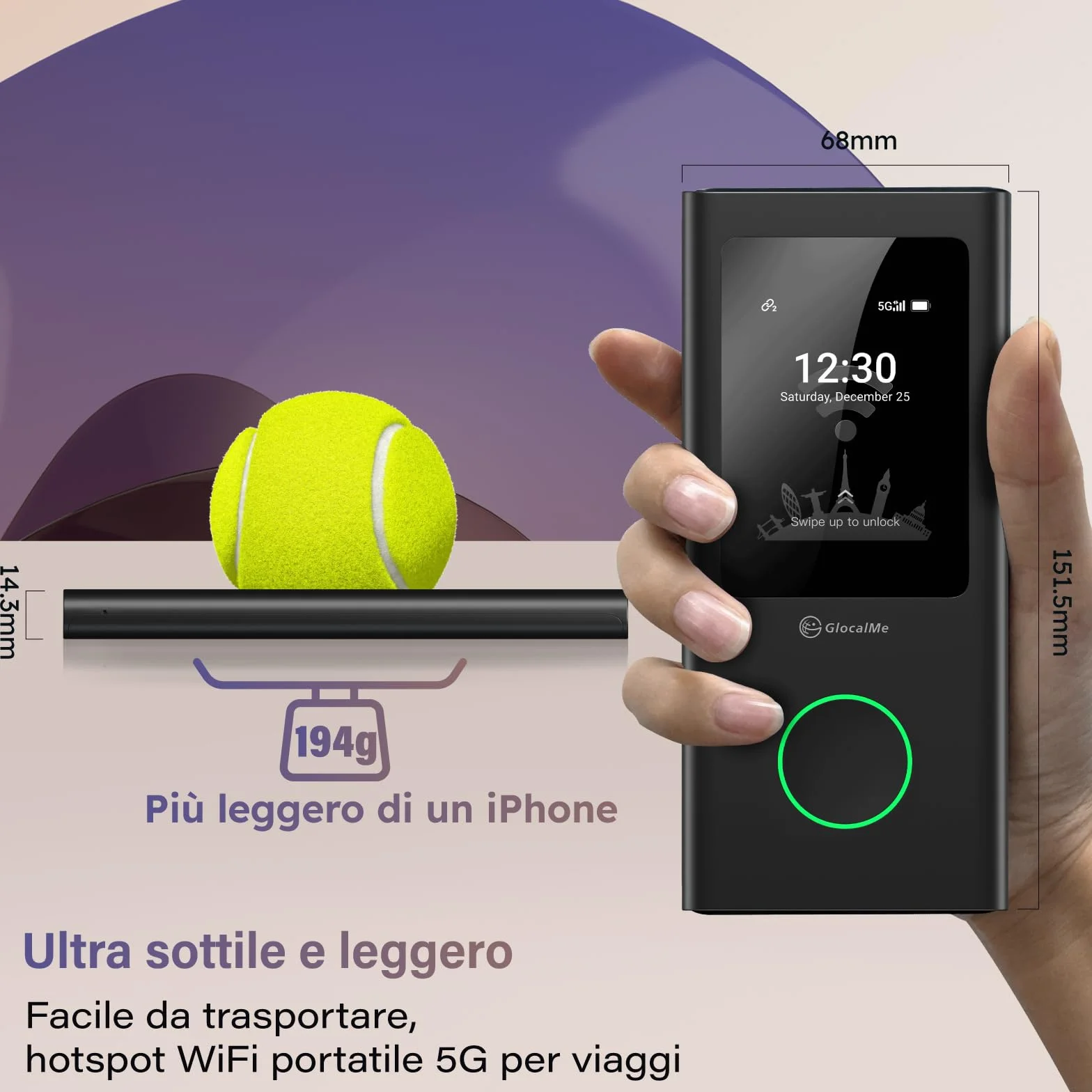 GlocalMe U50 Numen Air 5G WiFi 5 Router Wifi Mobile, bande di frequenza globale, Non Necessita Scheda SIM, supporta 16 dispositivi, batteria da 5400 mAh, hotspot Wi-Fi da viaggio o casa (Nero)