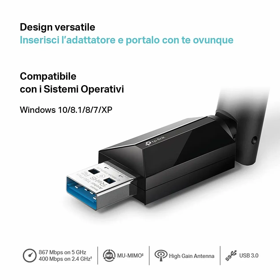 TP-Link Archer T3U Plus Chiavetta WiFi AC1300Mbps USB Adattatore Dual Band Antenna