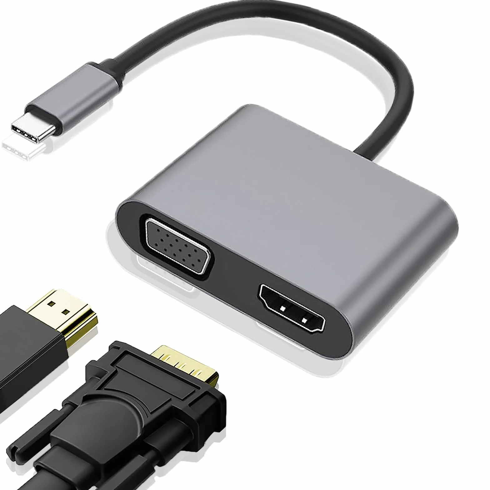 Adattatore VGA da USB C a HDMI, hub 2 in 1, Plug & Play|Nessun driver necessario, compatibile con MacBook/Dex/Switch/Yoga/Laptop/Tablet, Convertitore USB-C a HDMI e VGA (grigio)