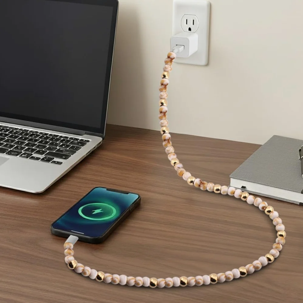 Elegante cavo di ricarica per telefono con perline colorate cavo di ricarica USB per smartphone (USB C a USB C, marmo e oro, 2 m)