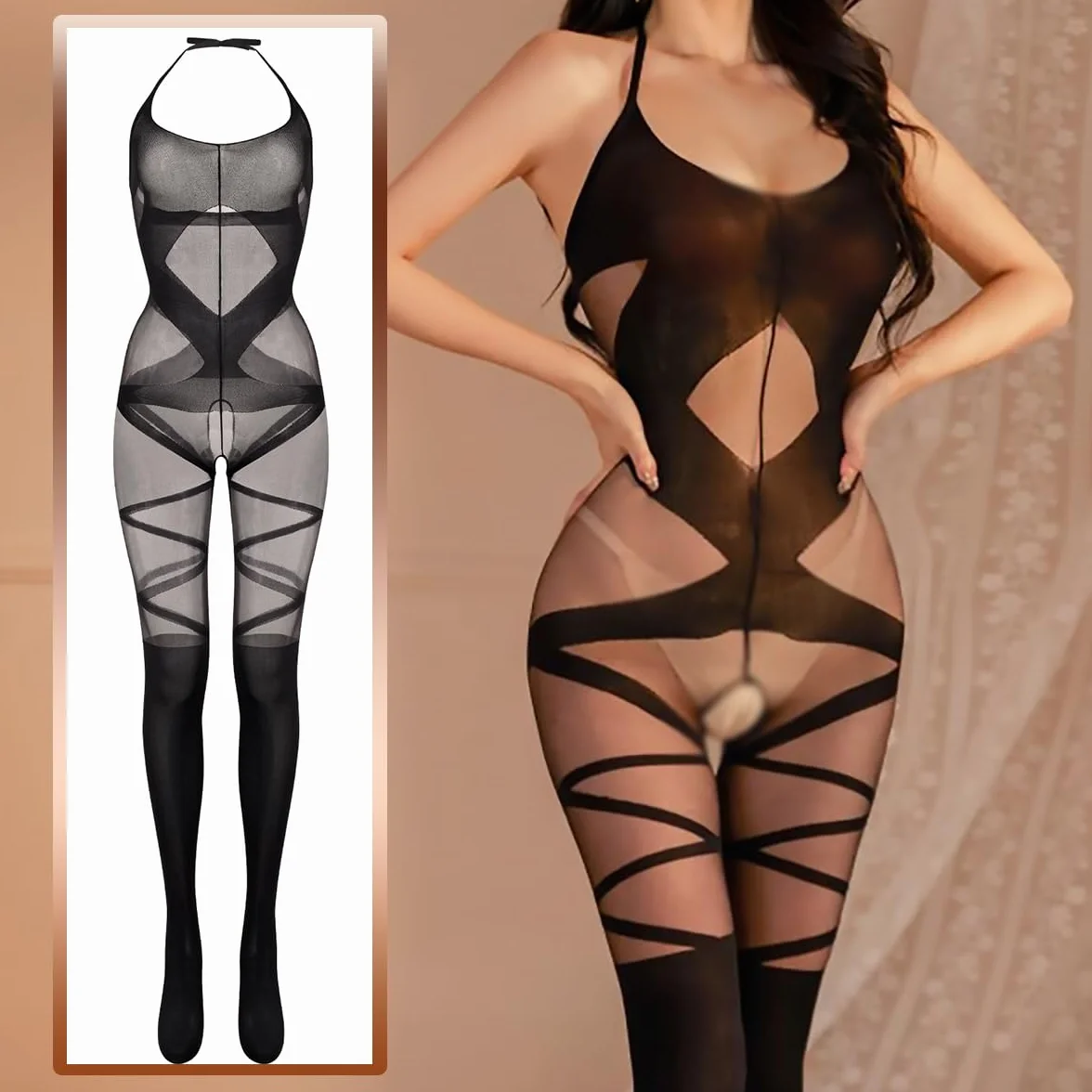 Bodystocking Rete Trasparente Donna Camicia da Notte Bodysuit Senza Cavallo Nero Lingerie Erotica